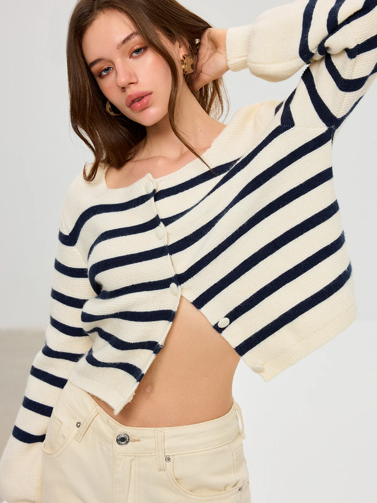 Striped Square Neck Lantern Sleeve Knit Cardigan - Wholesalesil