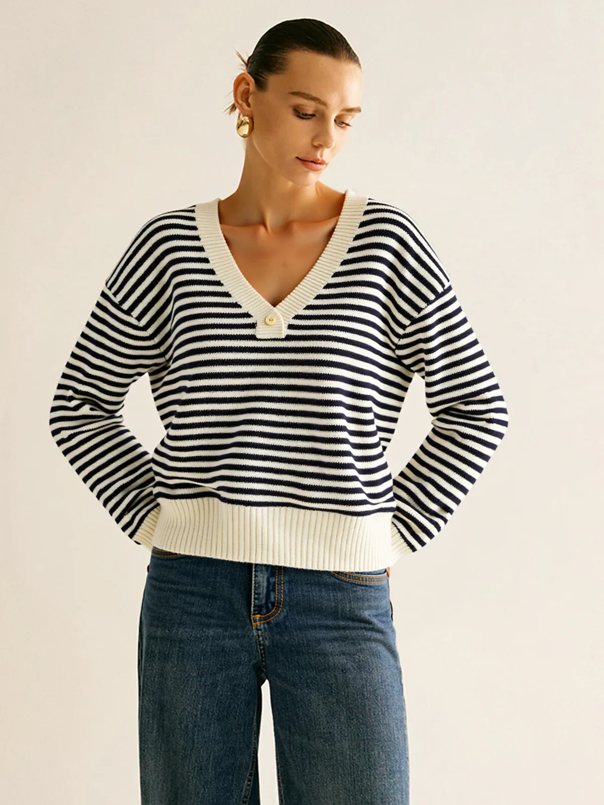 Striped V-Neck Buttoned Wool Blend Sweater - Wholesalesil