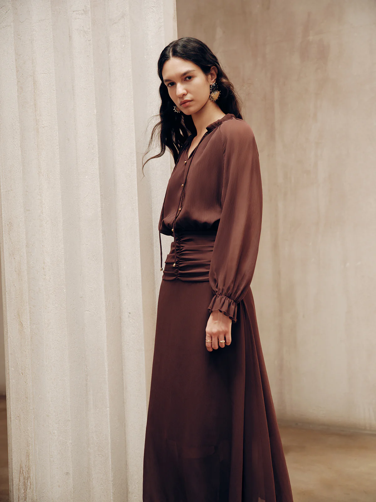 Tie-Neck Ruched Chiffon Maxi Dress - Wholesalesil