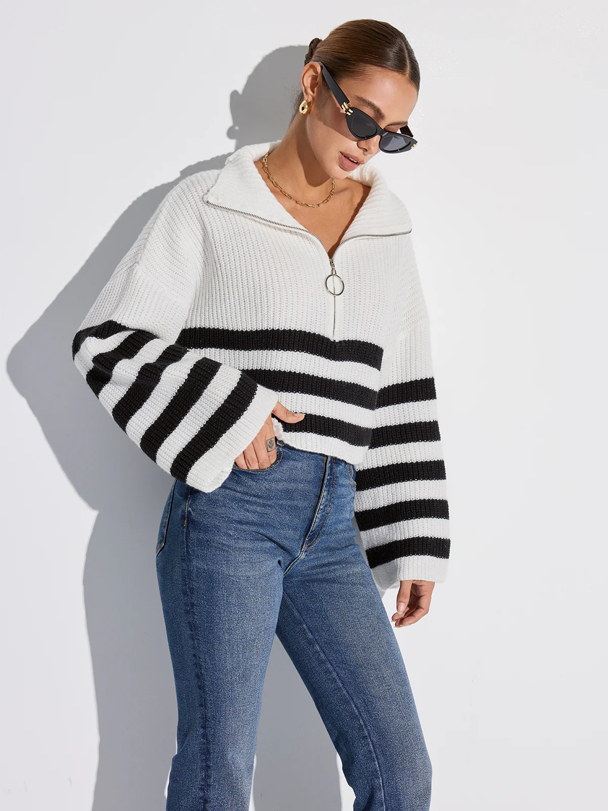 Half-Zip Striped Oversized Sweater - Wholesalesil