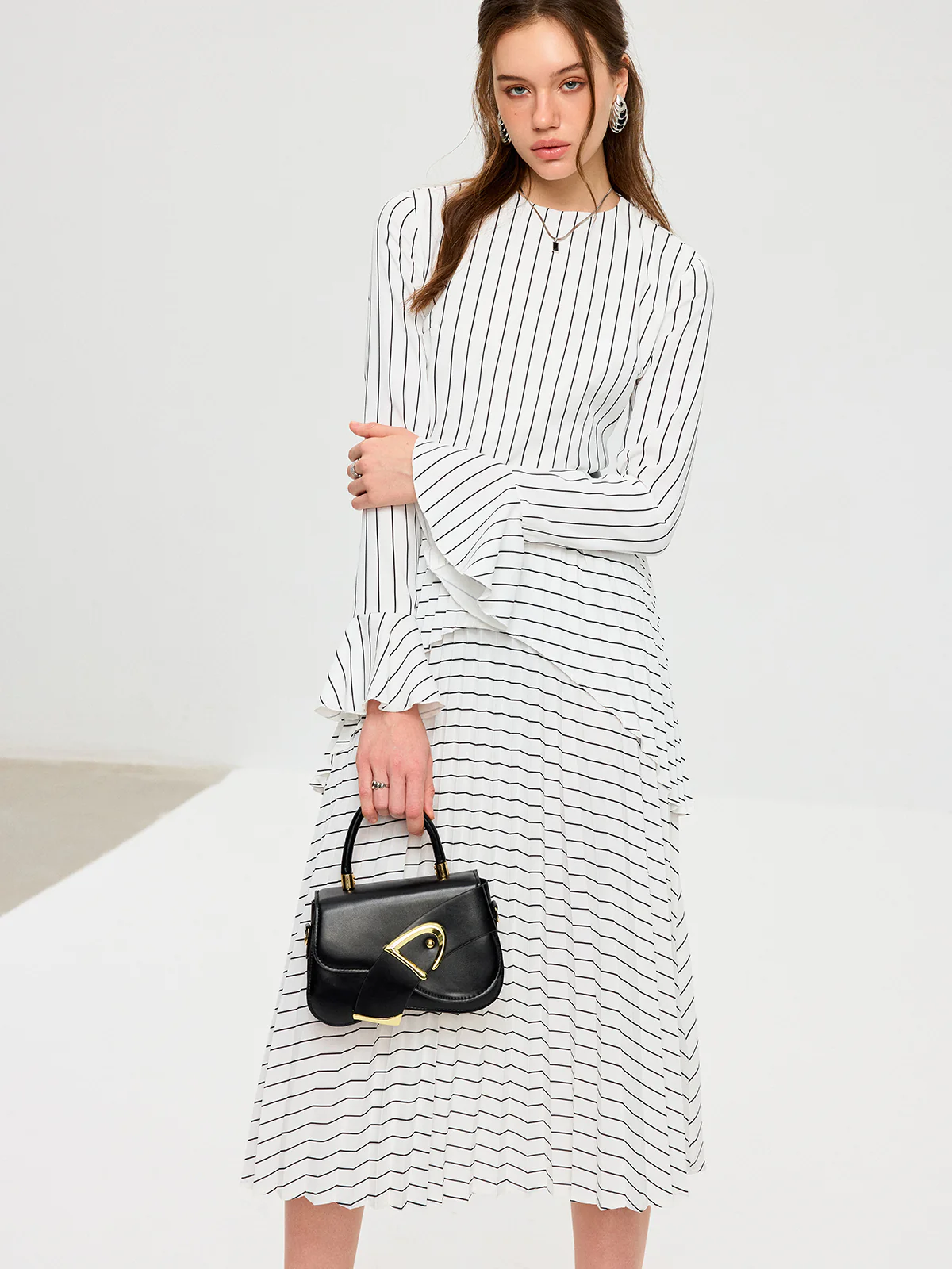 Striped Long Sleeve Belted Midi Dress - Wholesalesil