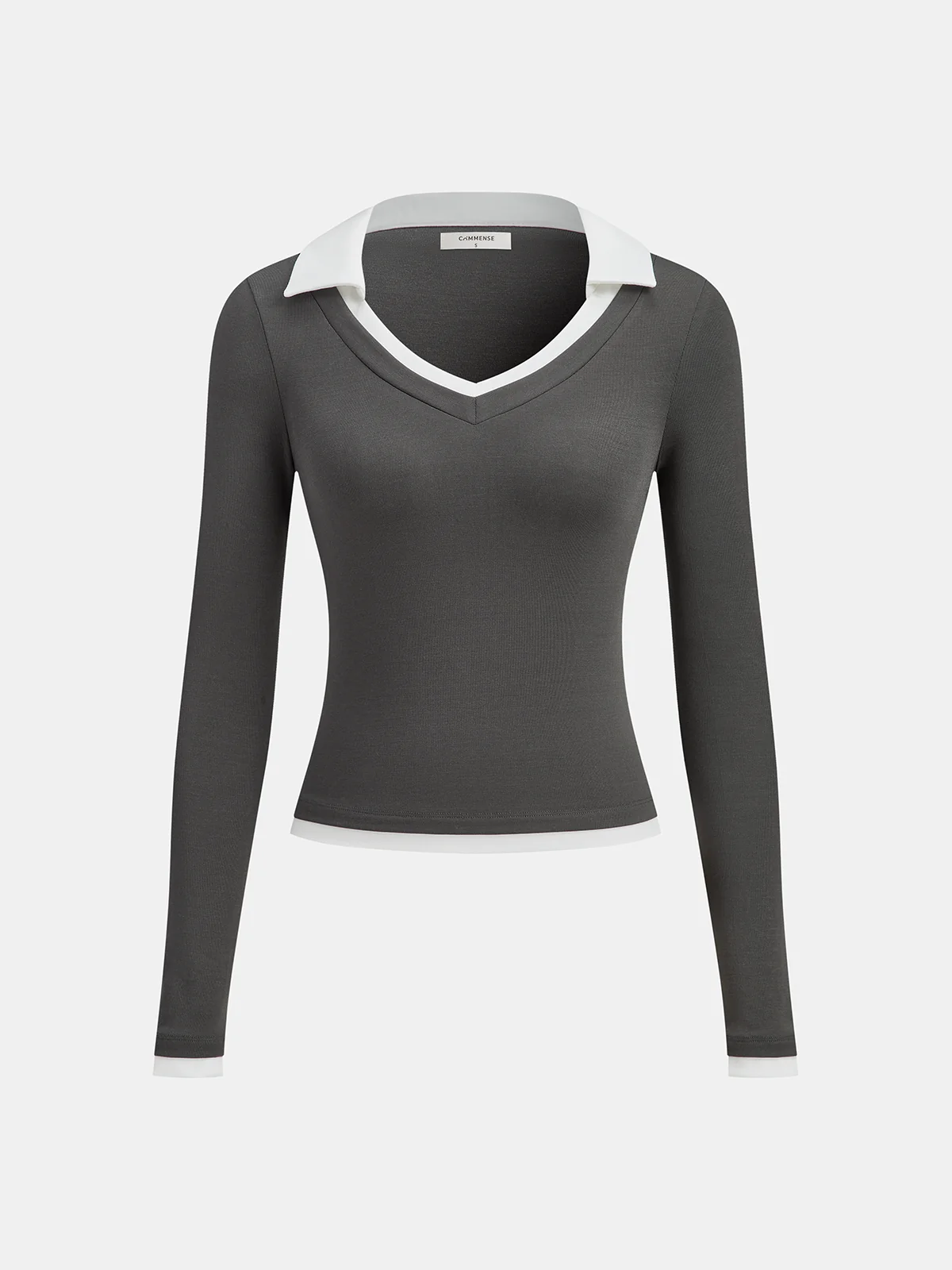 Contrast Collar Fitted Long-Sleeve Top - Wholesalesil