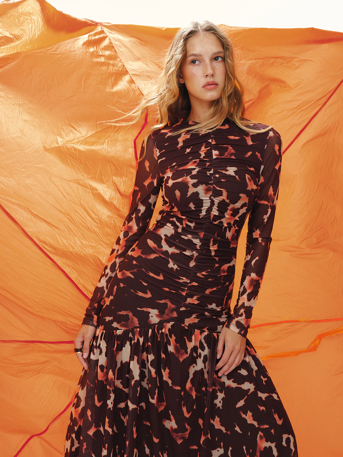 Leopard Print Ruched Mesh Maxi Dress without Belt - Wholesalesil