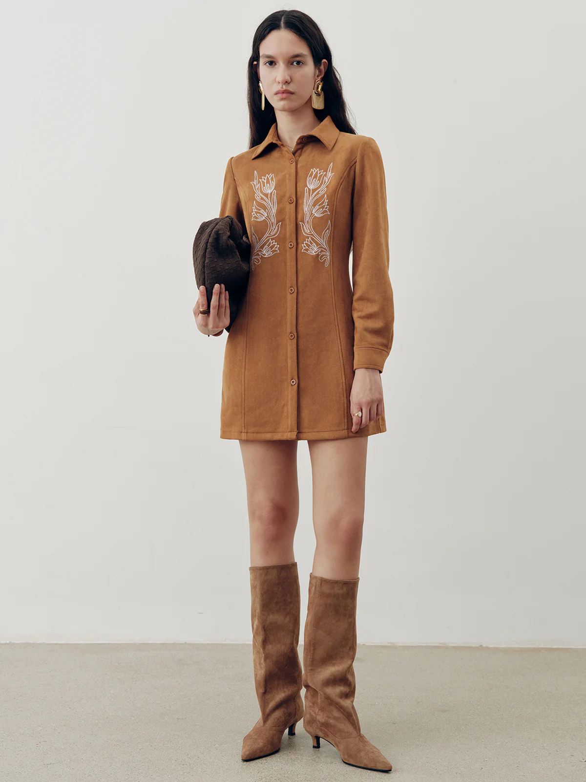 Suede Effect Floral Embroidery Shirt Dress - Wholesalesil