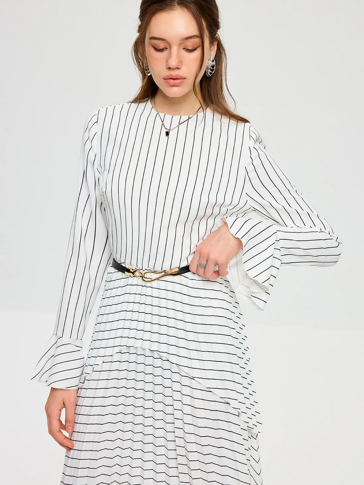 Striped Long Sleeve Belted Midi Dress - Wholesalesil