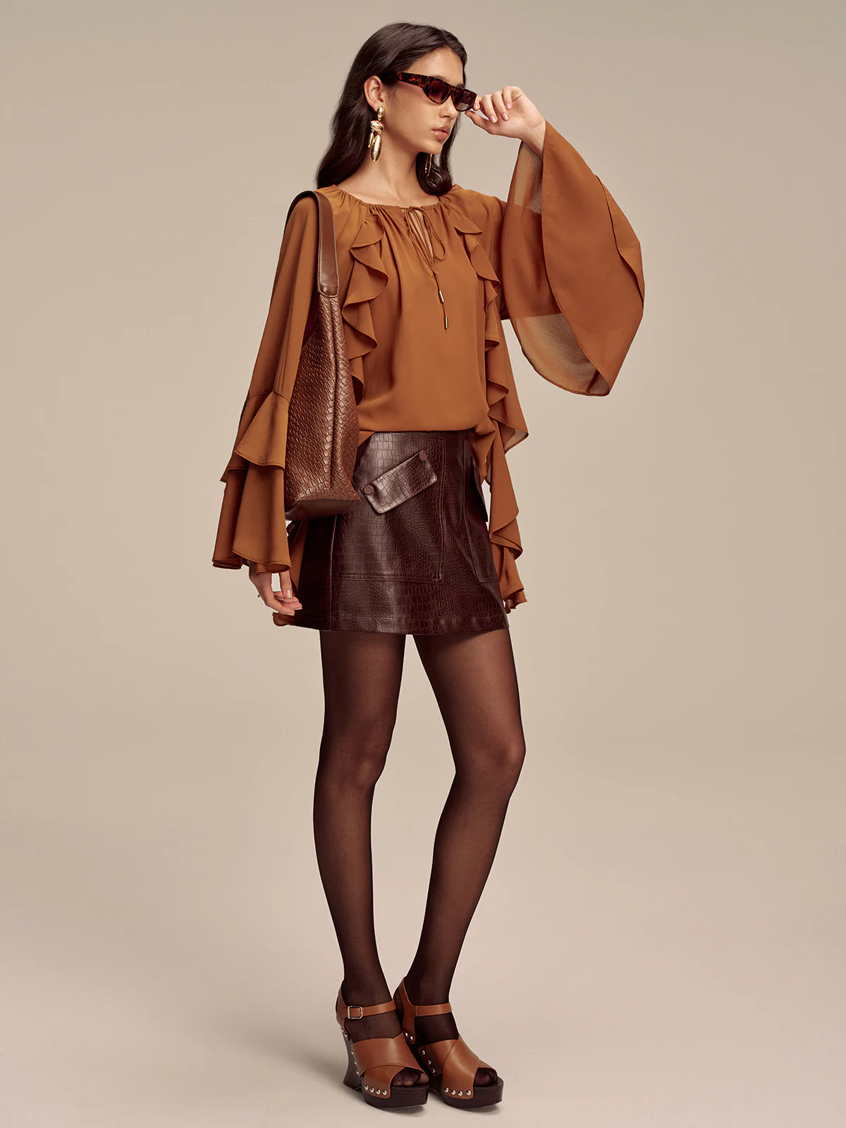 Chiffon Ruffled Tiered Sleeve Tie-Neck Blouse - Wholesalesil