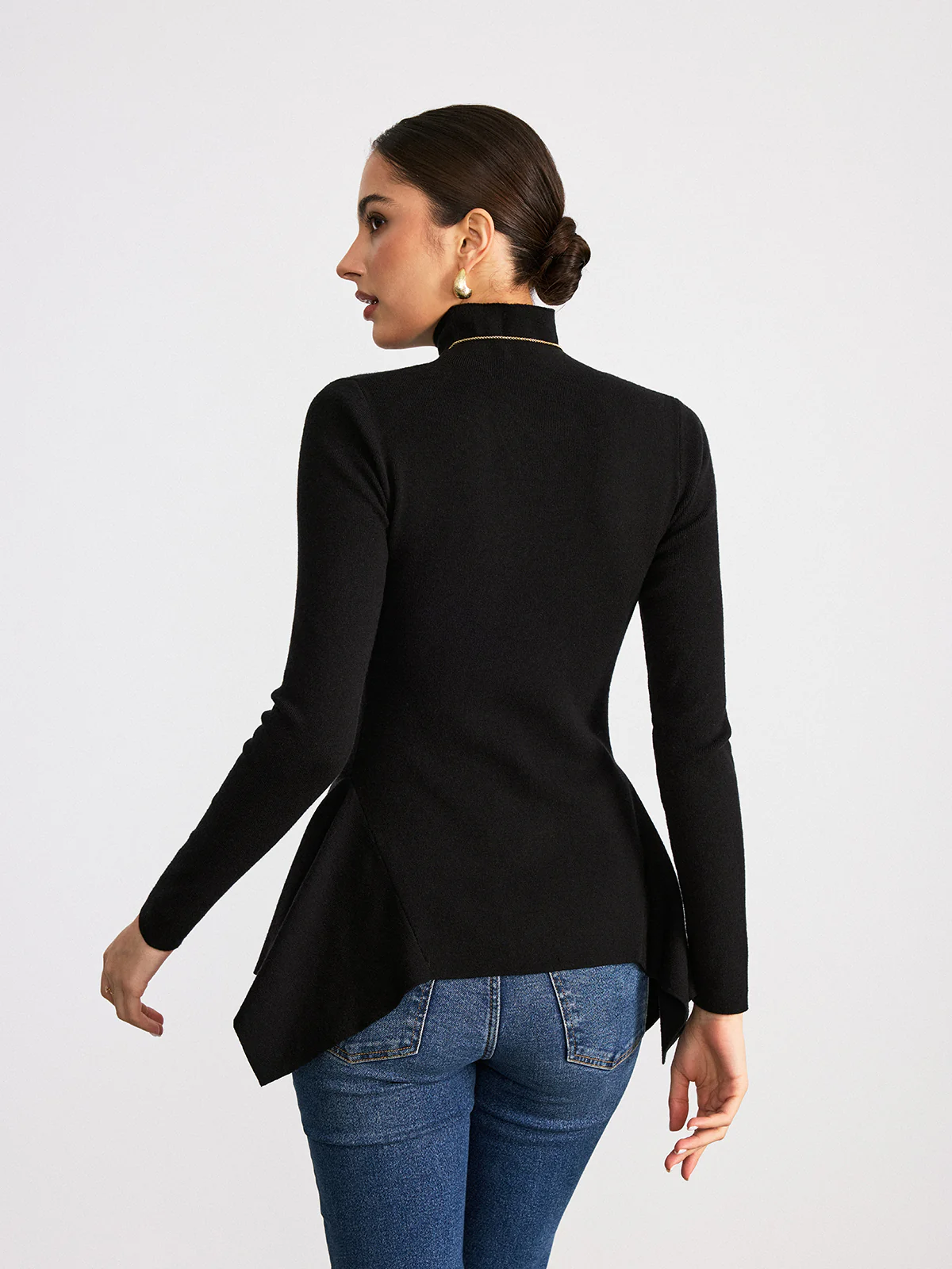 Turtleneck Asymmetric Peplum Sweater - Wholesalesil