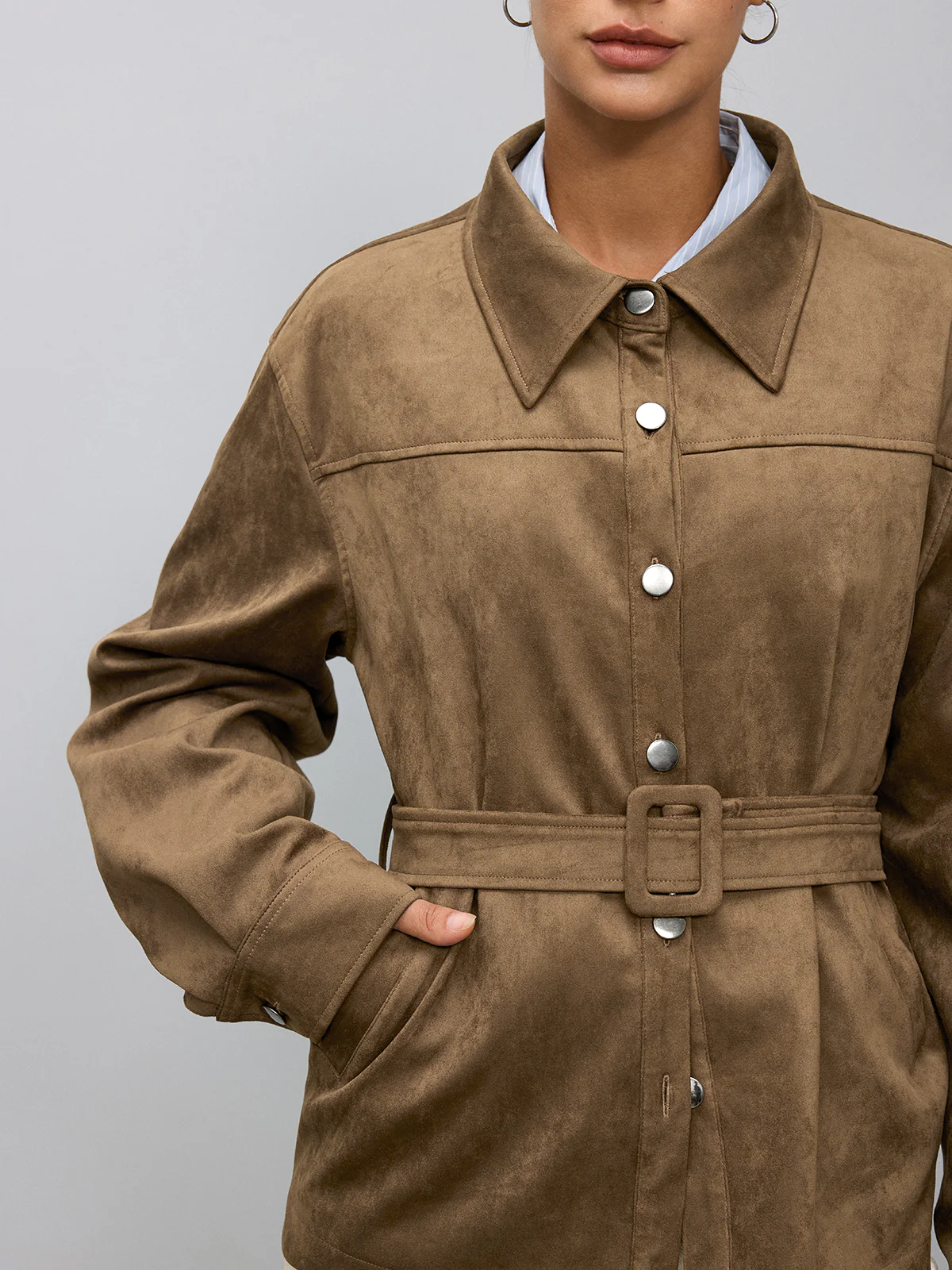 Belted Collared Suede Effect Jacket - Wholesalesil