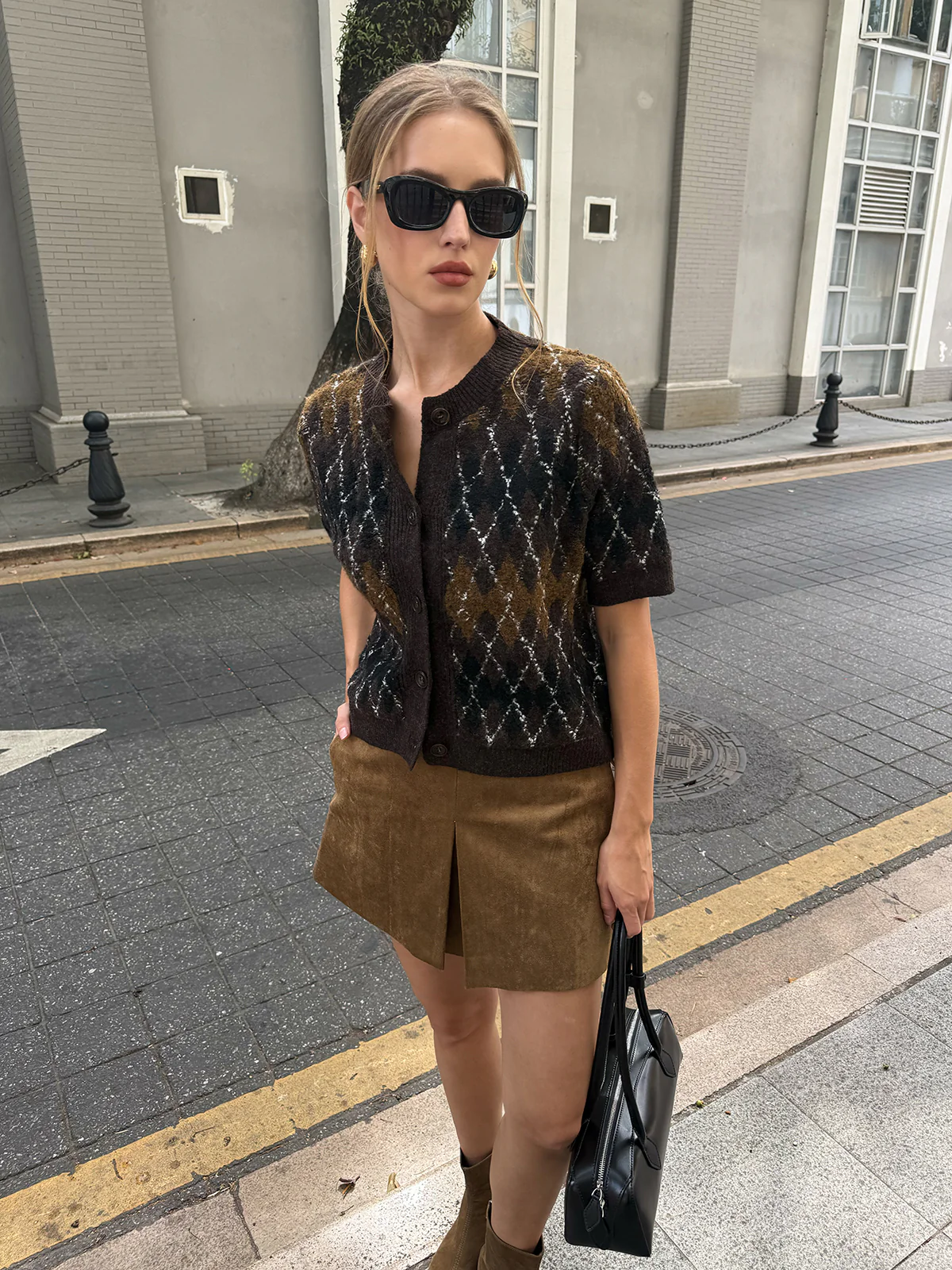 Argyle Pattern Short Sleeve Knit Cardigan - Wholesalesil