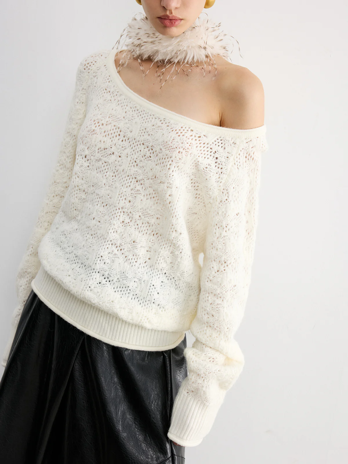 Off-Shoulder Open-Knit Sweater - Wholesalesil
