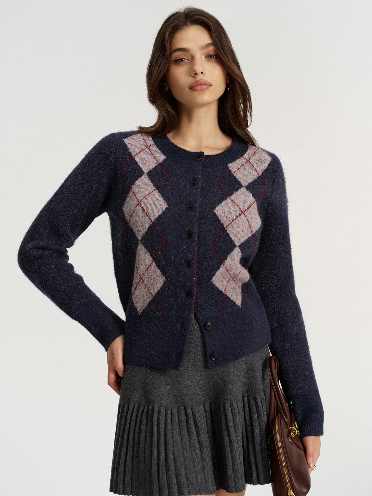 Argyle Jacquard Wool Blend Cardigan - Wholesalesil