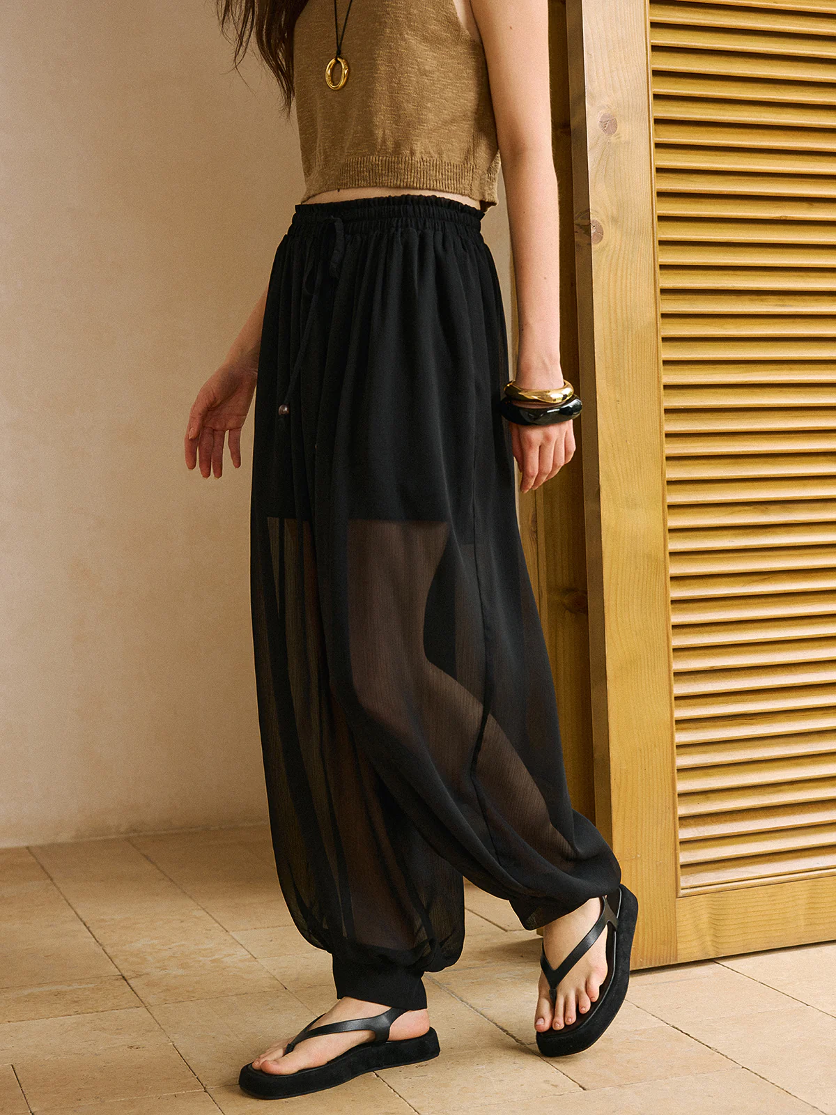Sheer Chiffon Pants with Elastic Waist and Ankle Cuffs - Wholesalesil