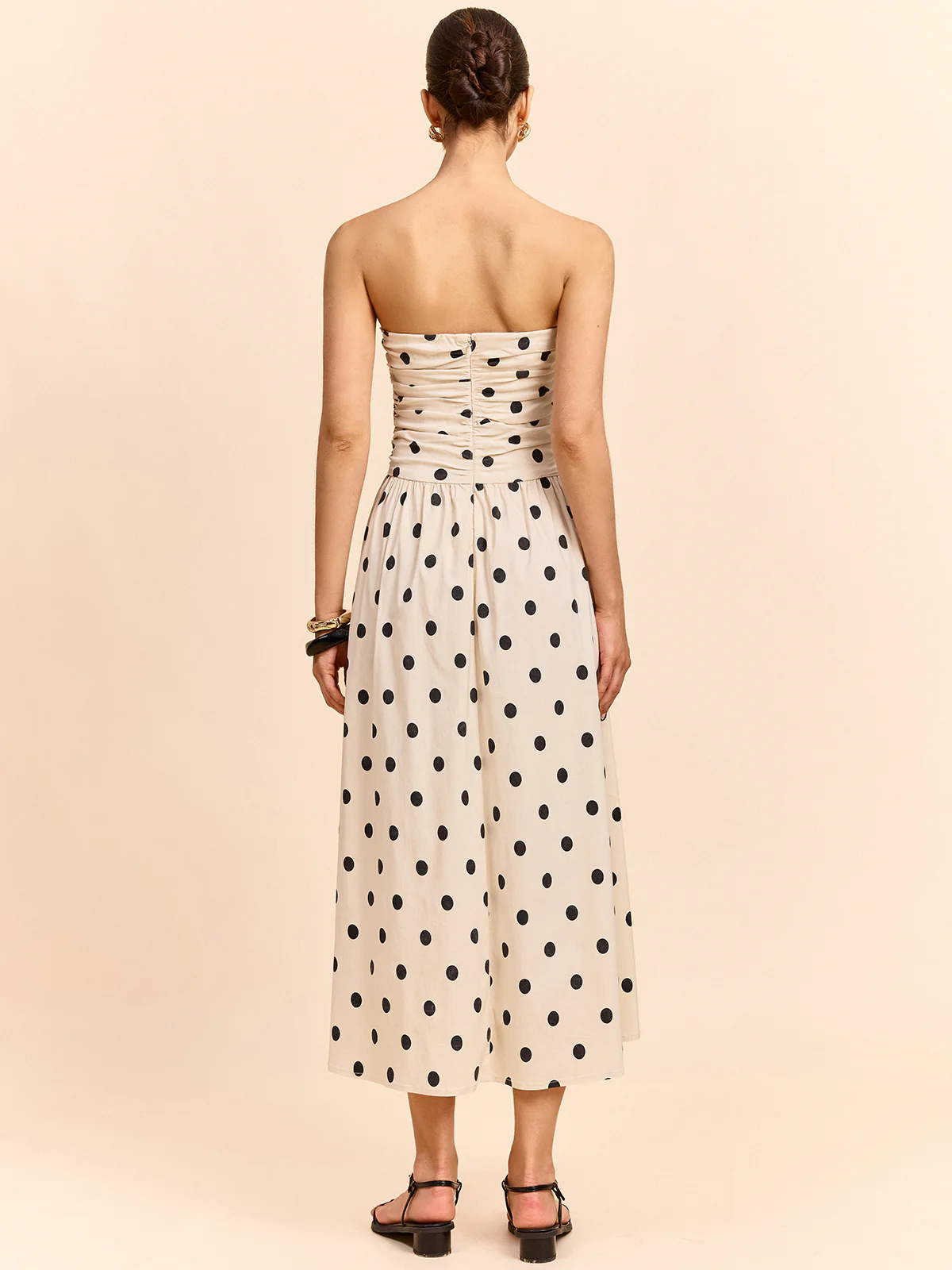 Strapless Polka Dot Ruched Midi Dress - Wholesalesil