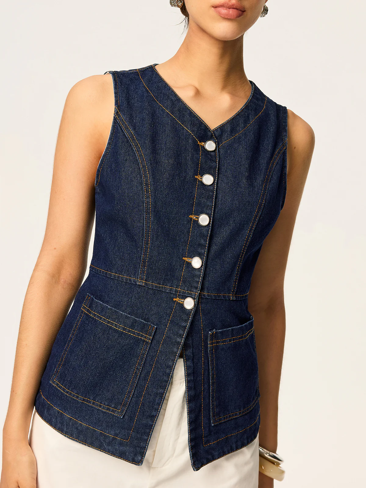 Denim Slim Button Sleeveless Vest - Wholesalesil