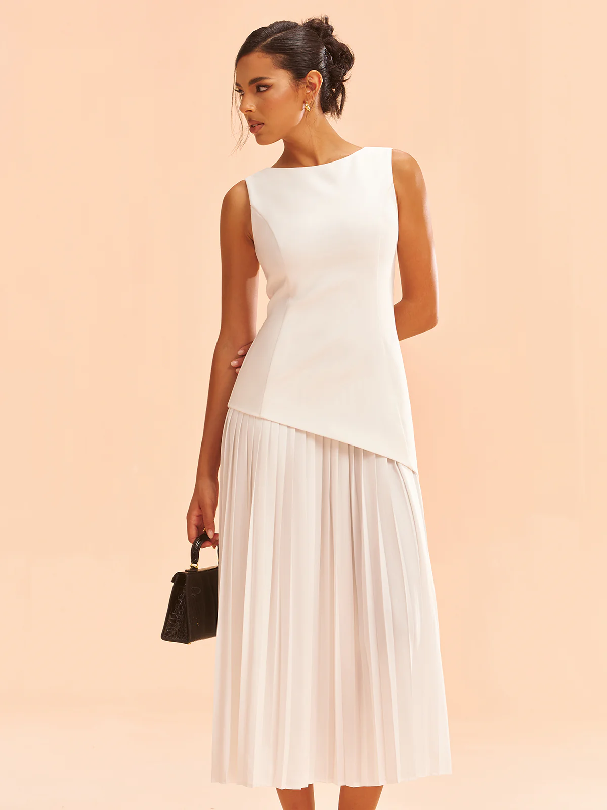 Sleeveless Asymmetric Pleated Midi Dress - Wholesalesil