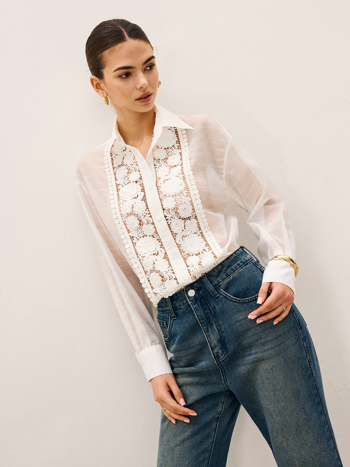 Sheer Lace Detail Blouse - Wholesalesil