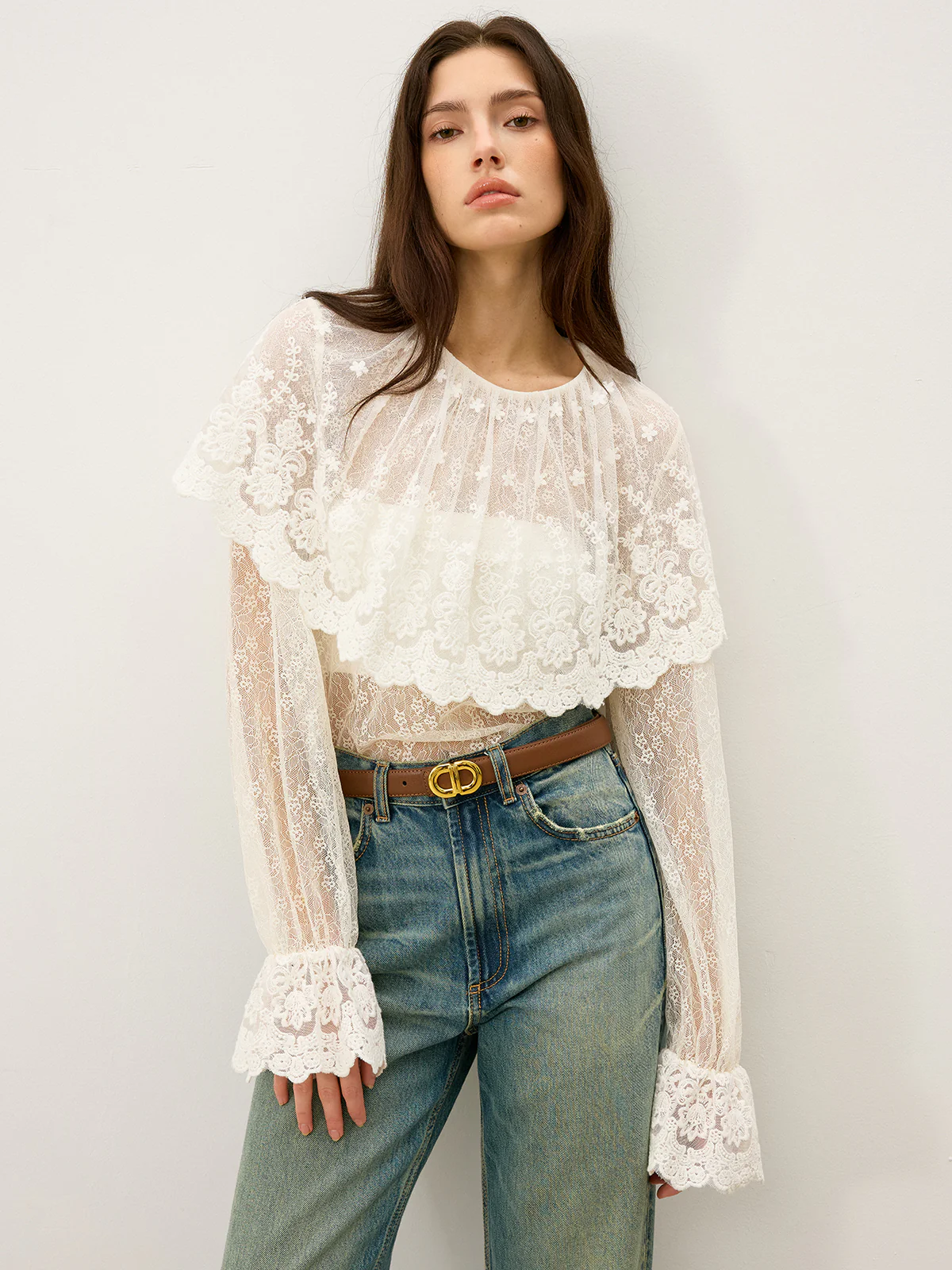 Semi-Sheer Ruffle-Trimmed Lace Flared-Sleeve Blouse - Wholesalesil
