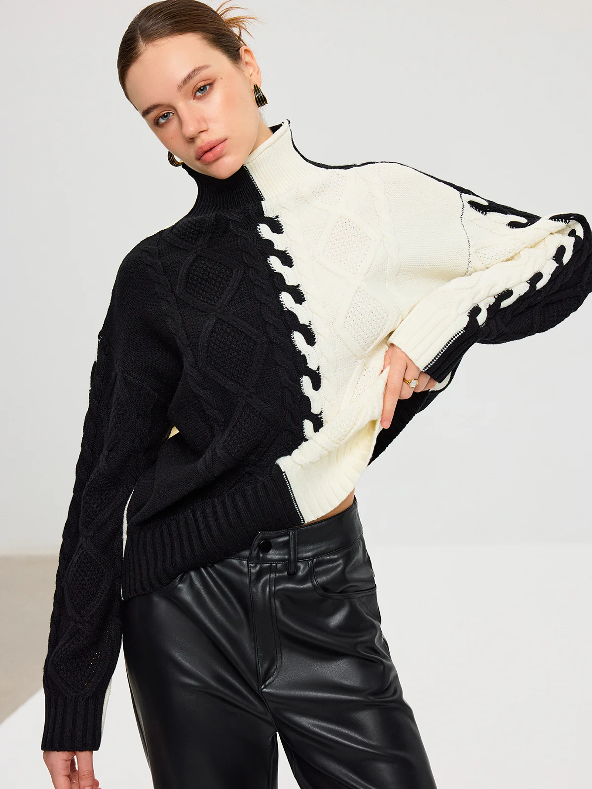 Color-Block Cable Knit Turtleneck Sweater - Wholesalesil