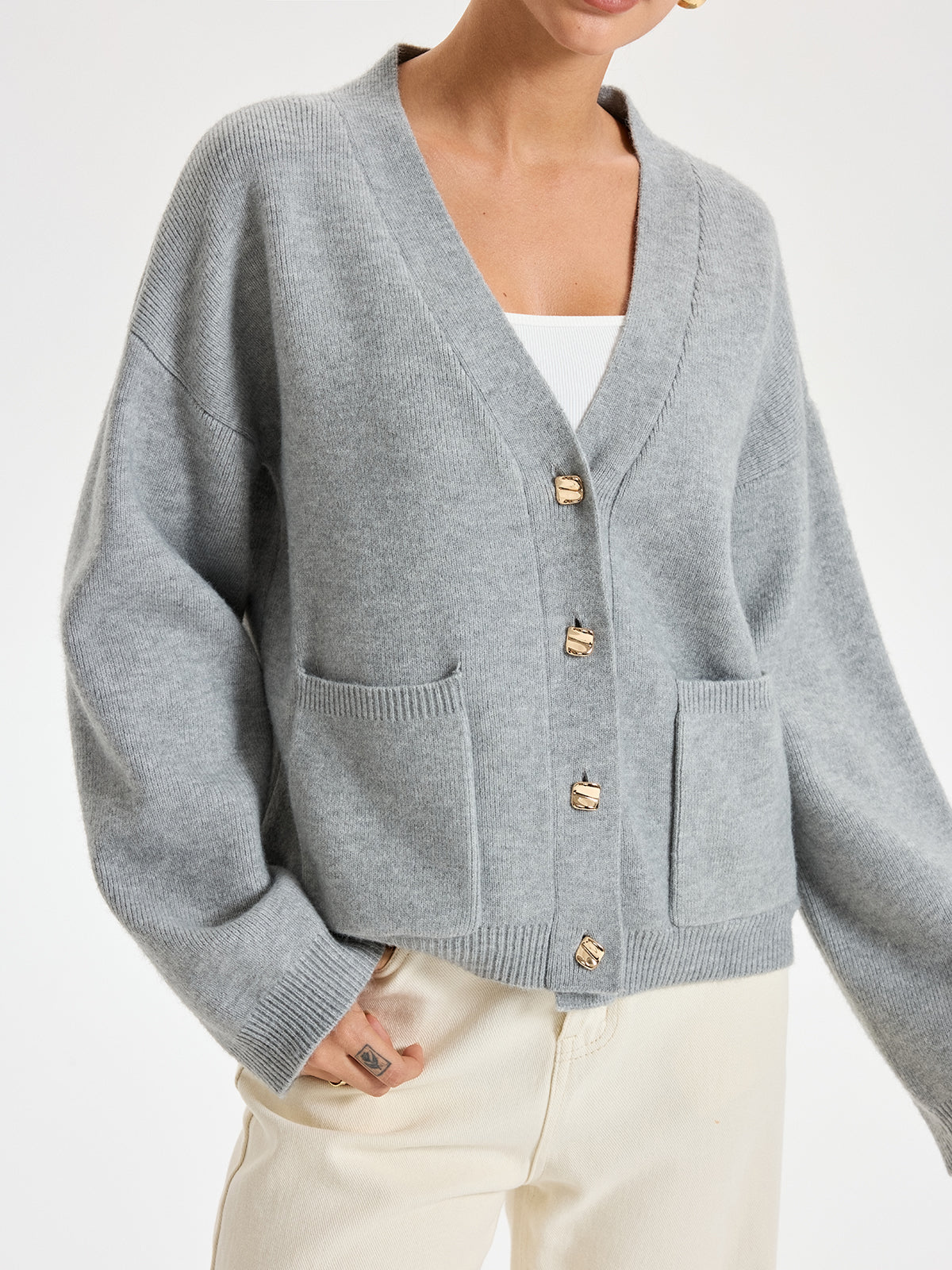 V-Neck Pocketed Metal Button Cardigan - Wholesalesil