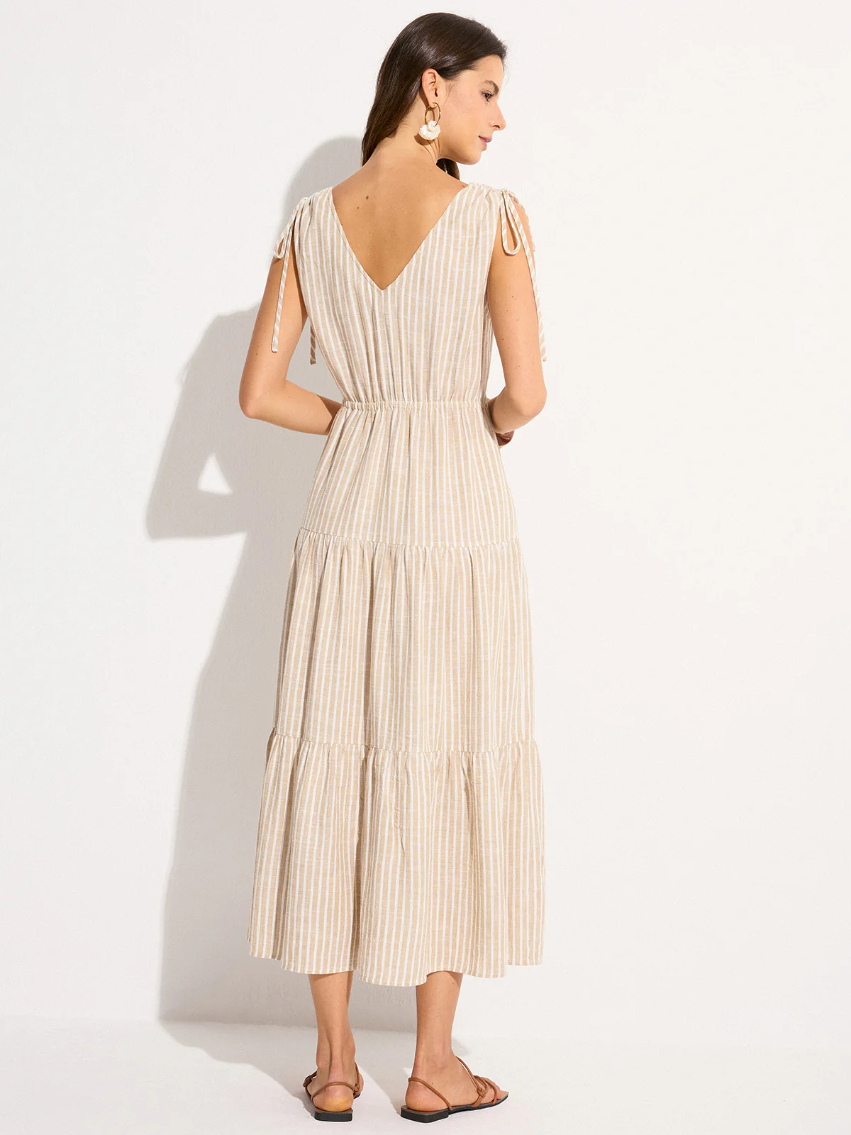 Pocketed Striped Linen & Cotton Tiered Maxi Dress - Wholesalesil