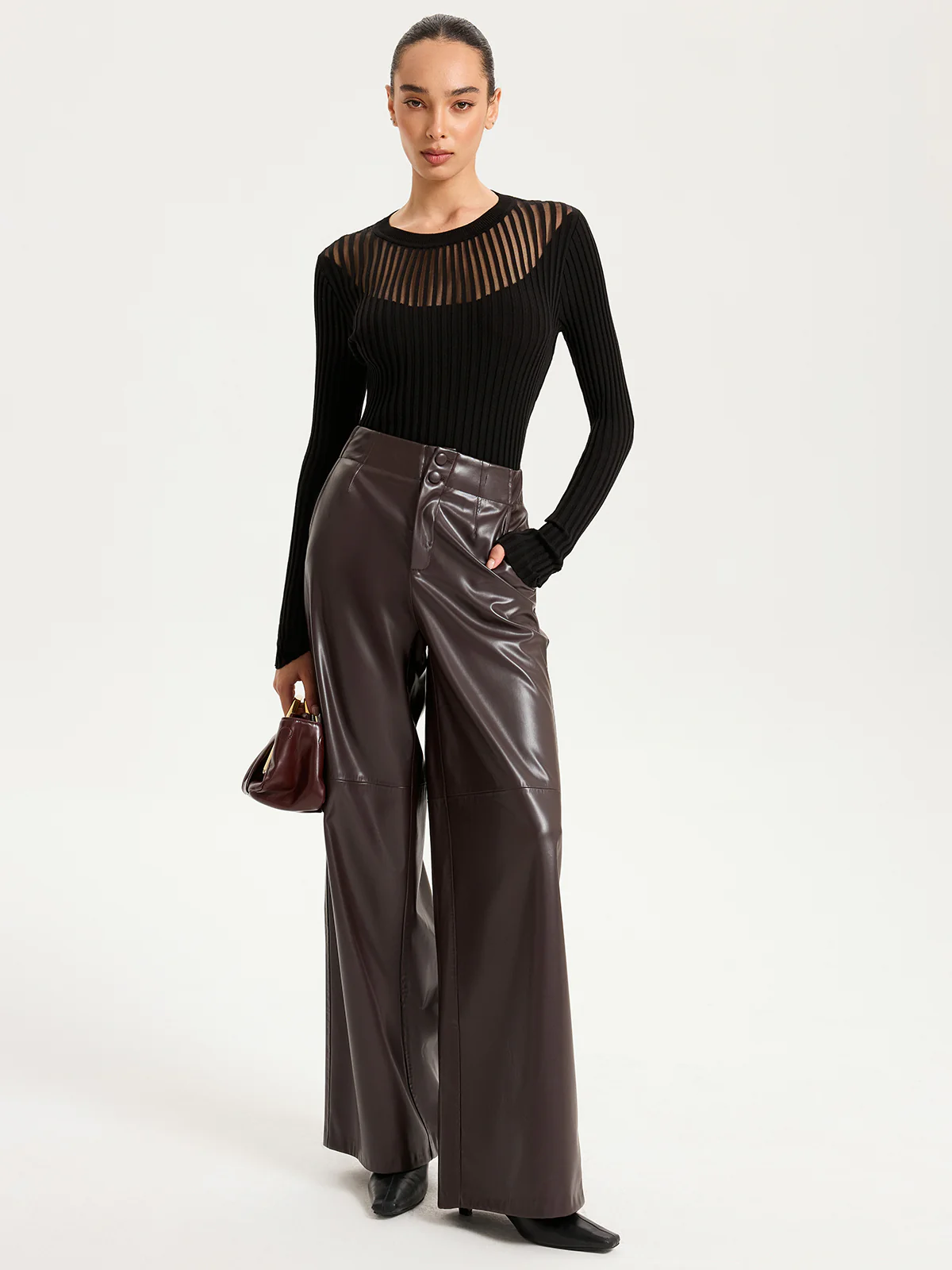 Sheer Panel Ribbed Knit Top - Wholesalesil