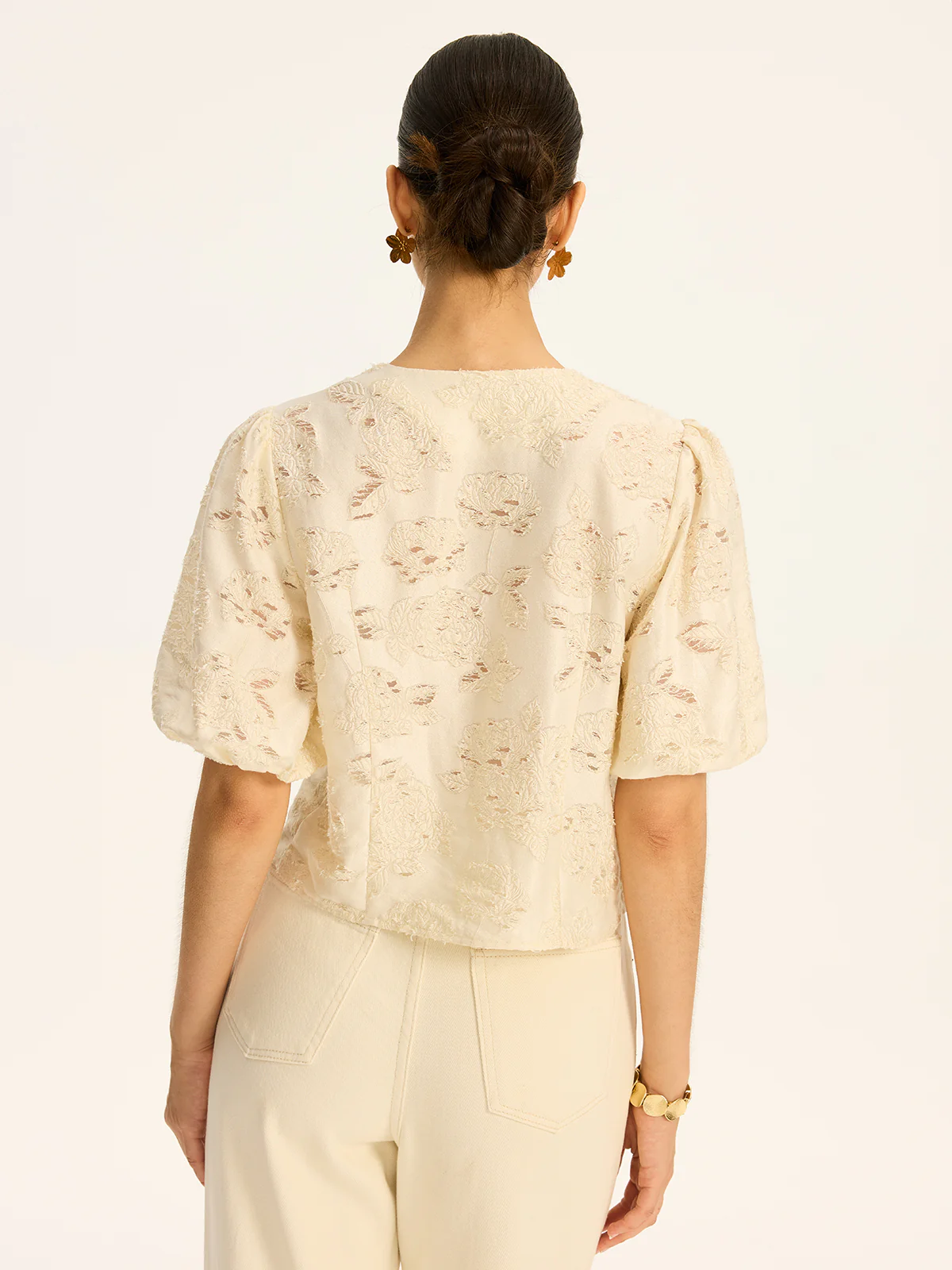 Semi-Sheer Jacquard Metal Button Cotton-Blend Top - Wholesalesil