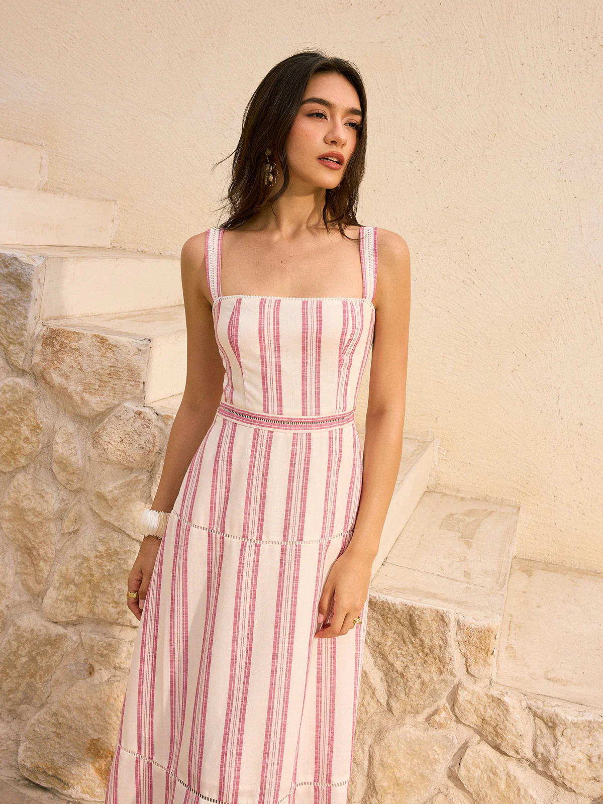 Striped Linen & Cotton Tiered Midi Dress - Wholesalesil