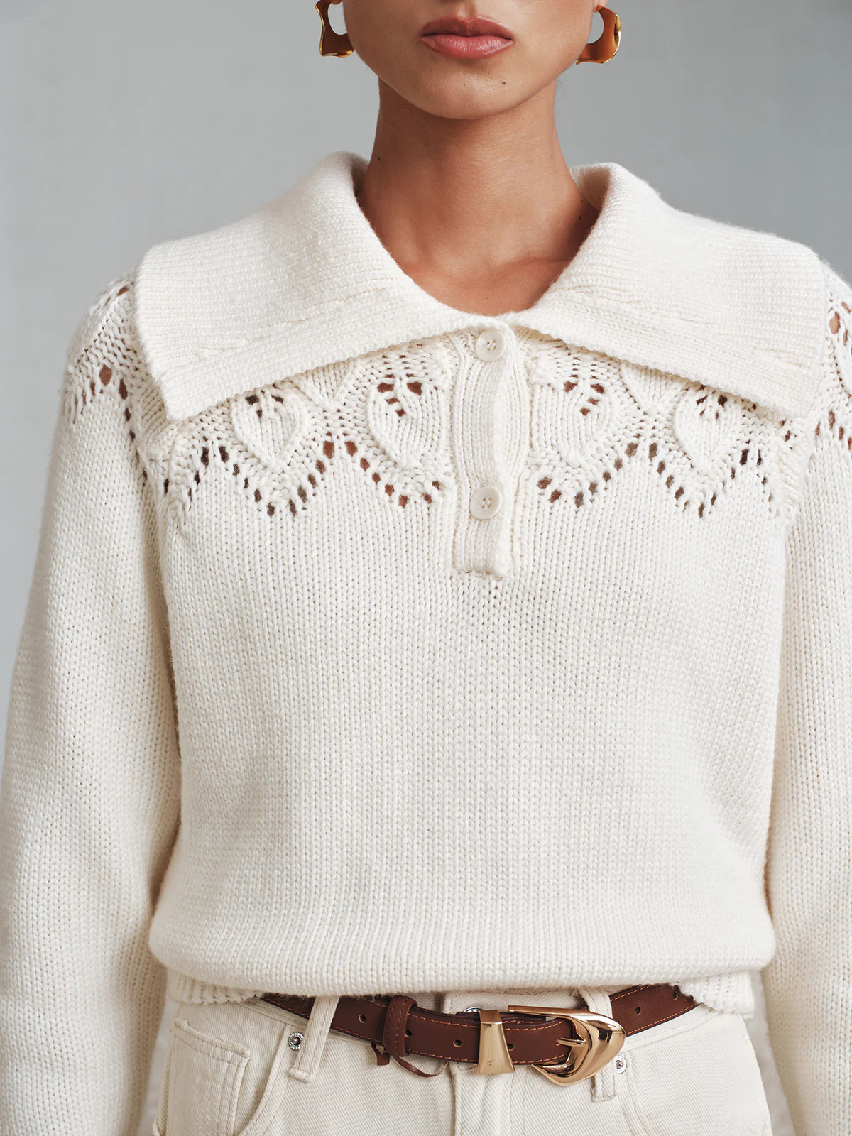 Eyelet Collared Knit Sweater - Wholesalesil