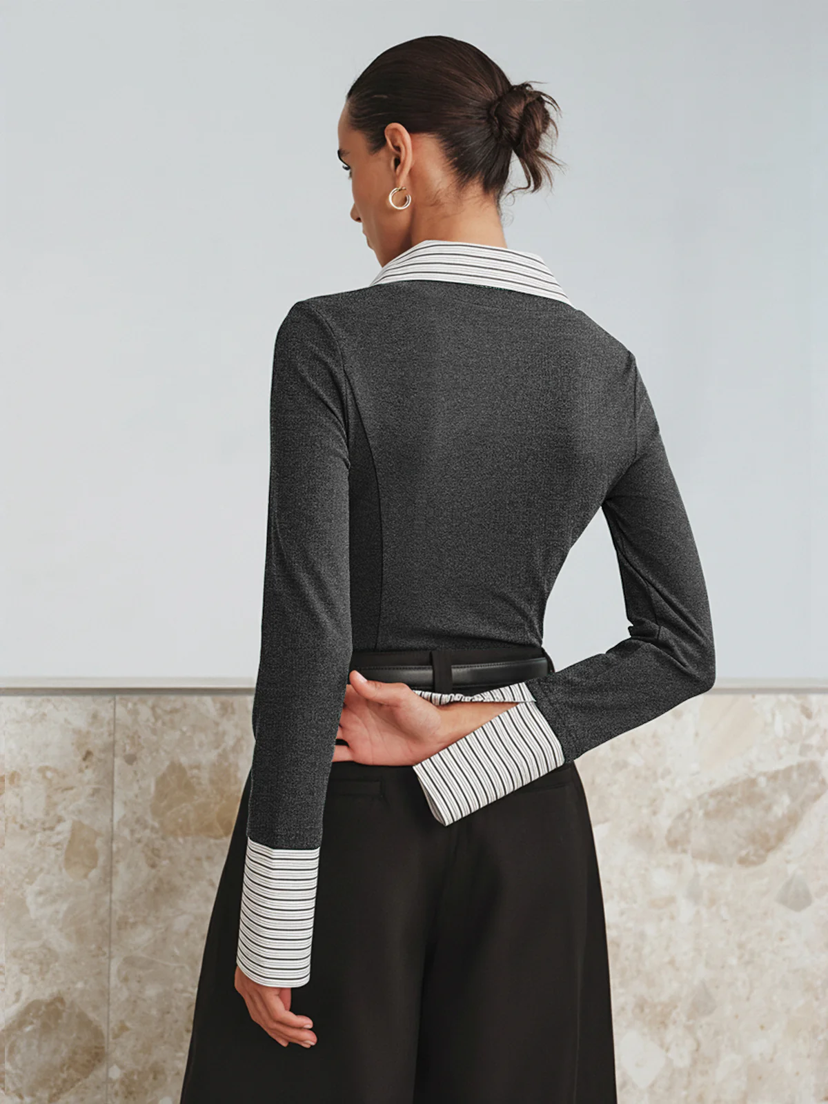 Mock Two-Piece Long-Sleeve Two Tone Polo Top - Wholesalesil