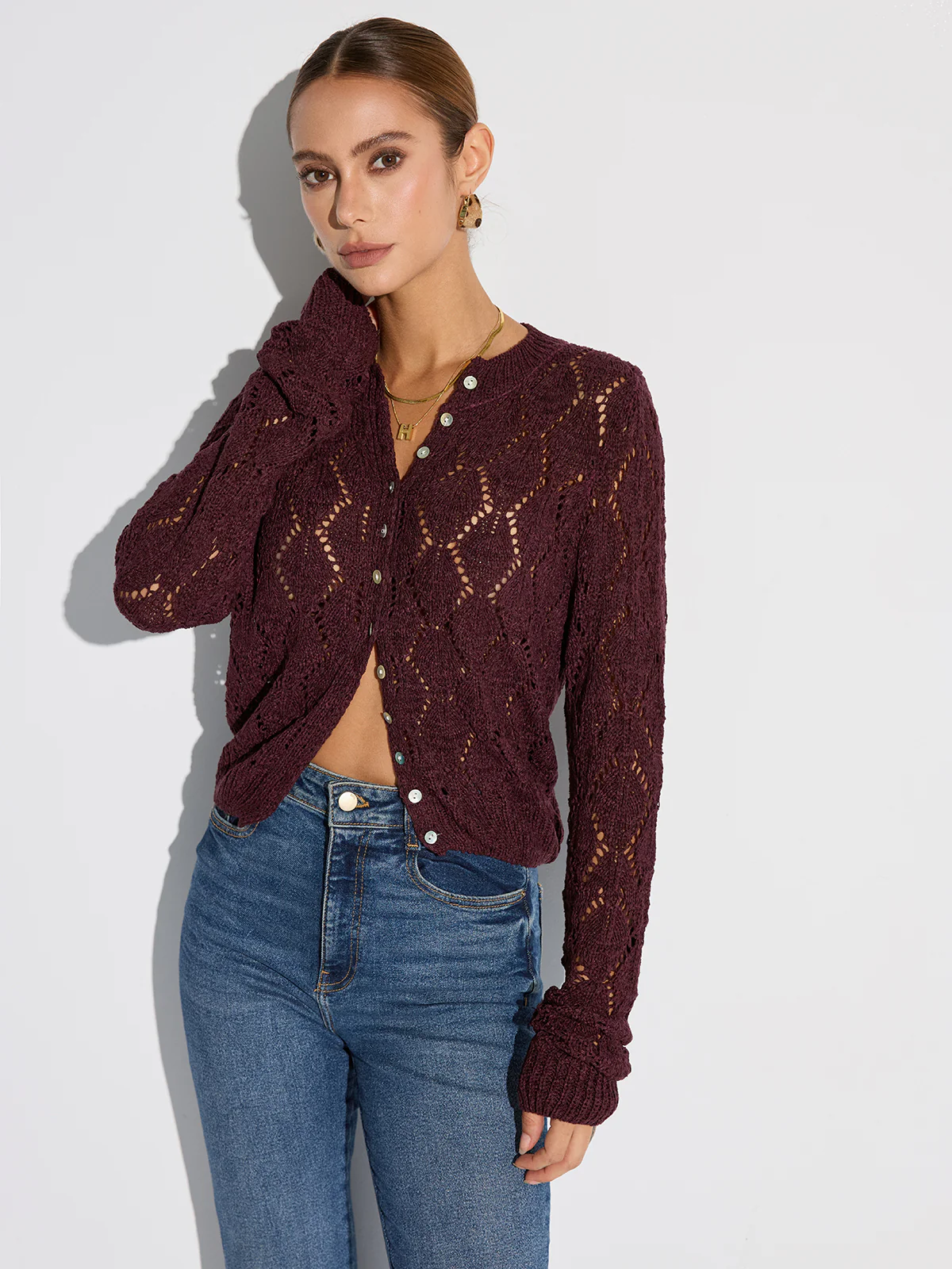 Semi-Sheer Openwork Knit Cardigan - Wholesalesil