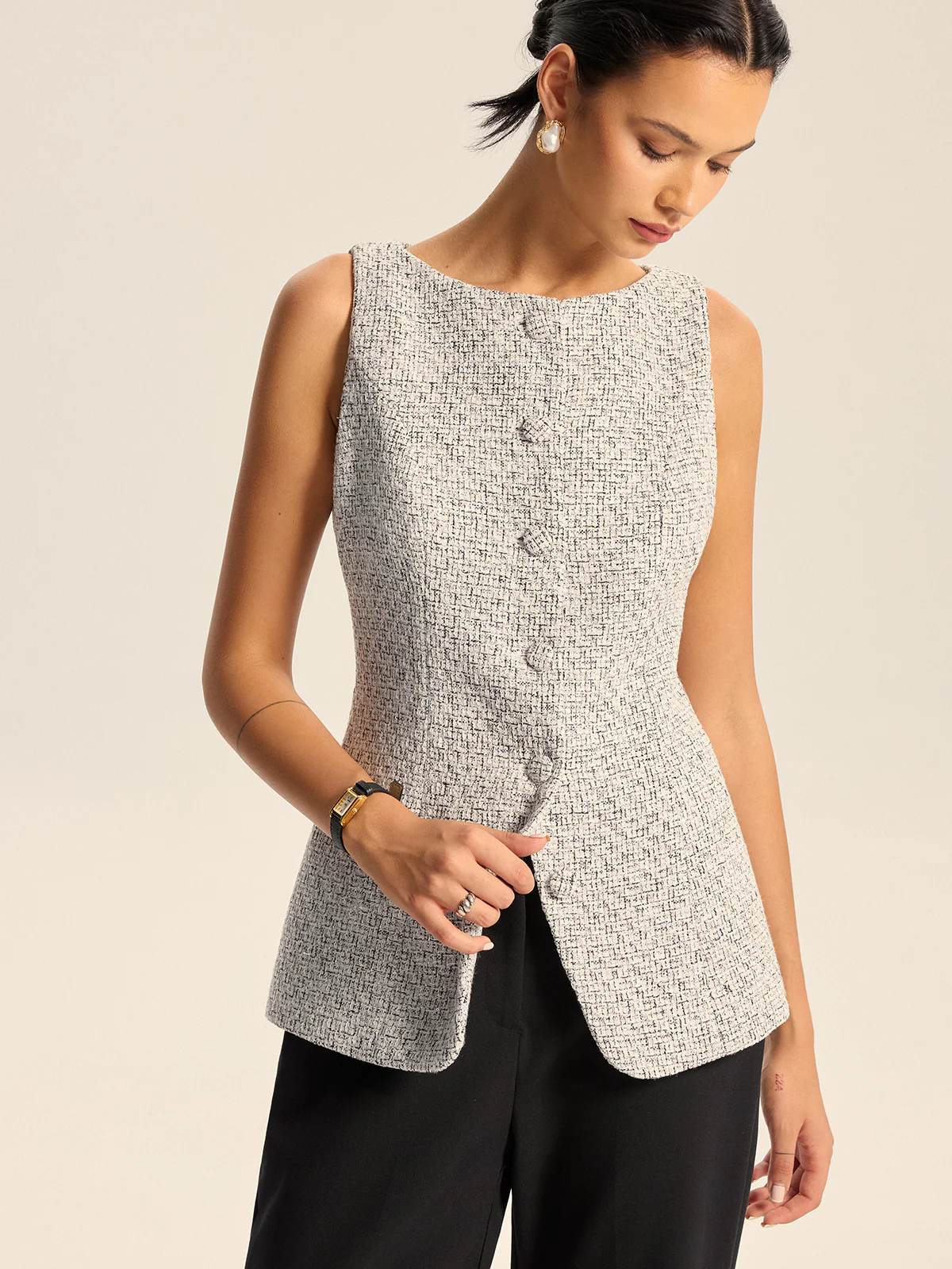 Textured Tweed Wide-Leg Pants - Wholesalesil