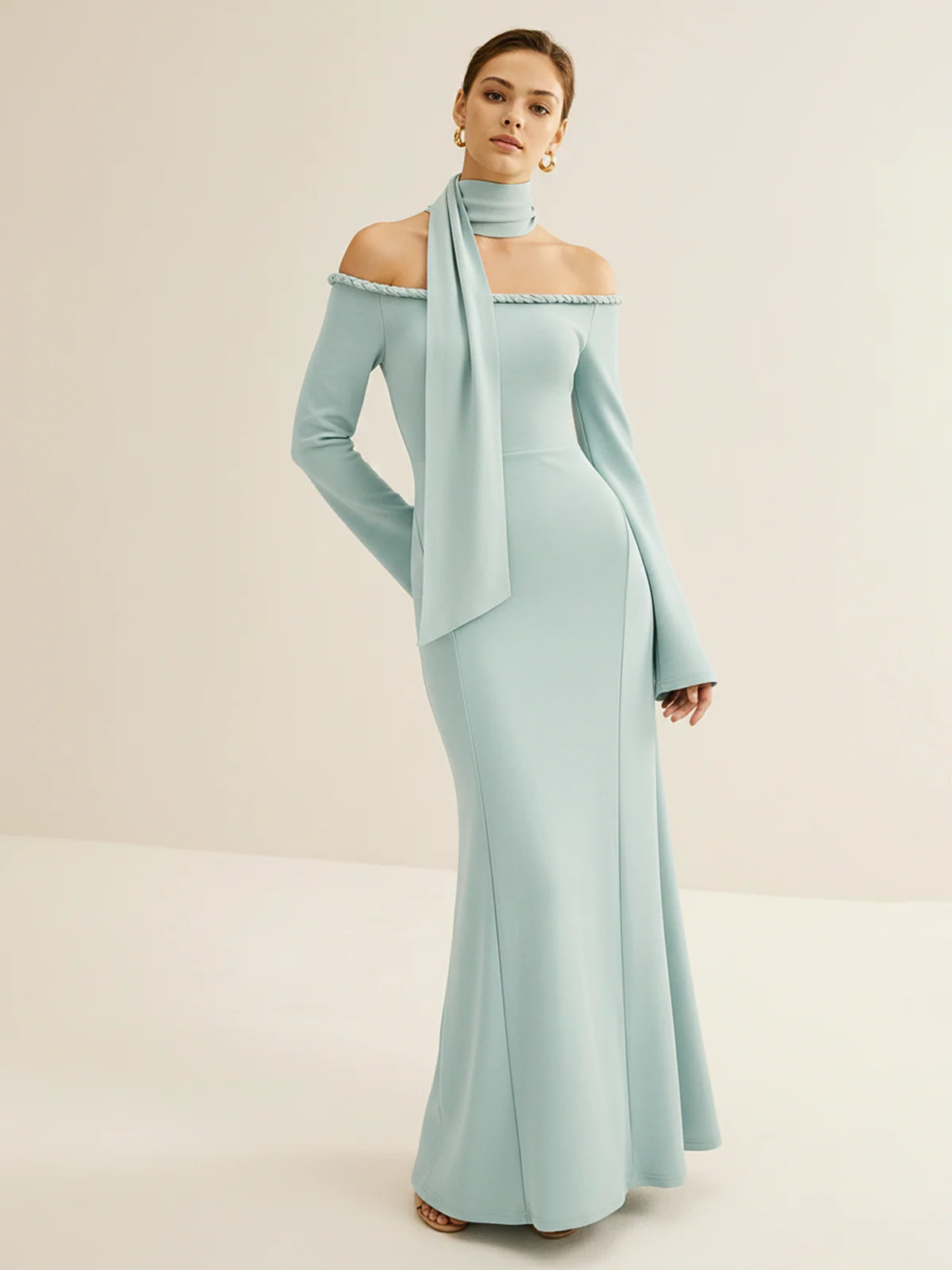 Braided Rope Off-Shoulder Long Sleeve Maxi Dress - Wholesalesil