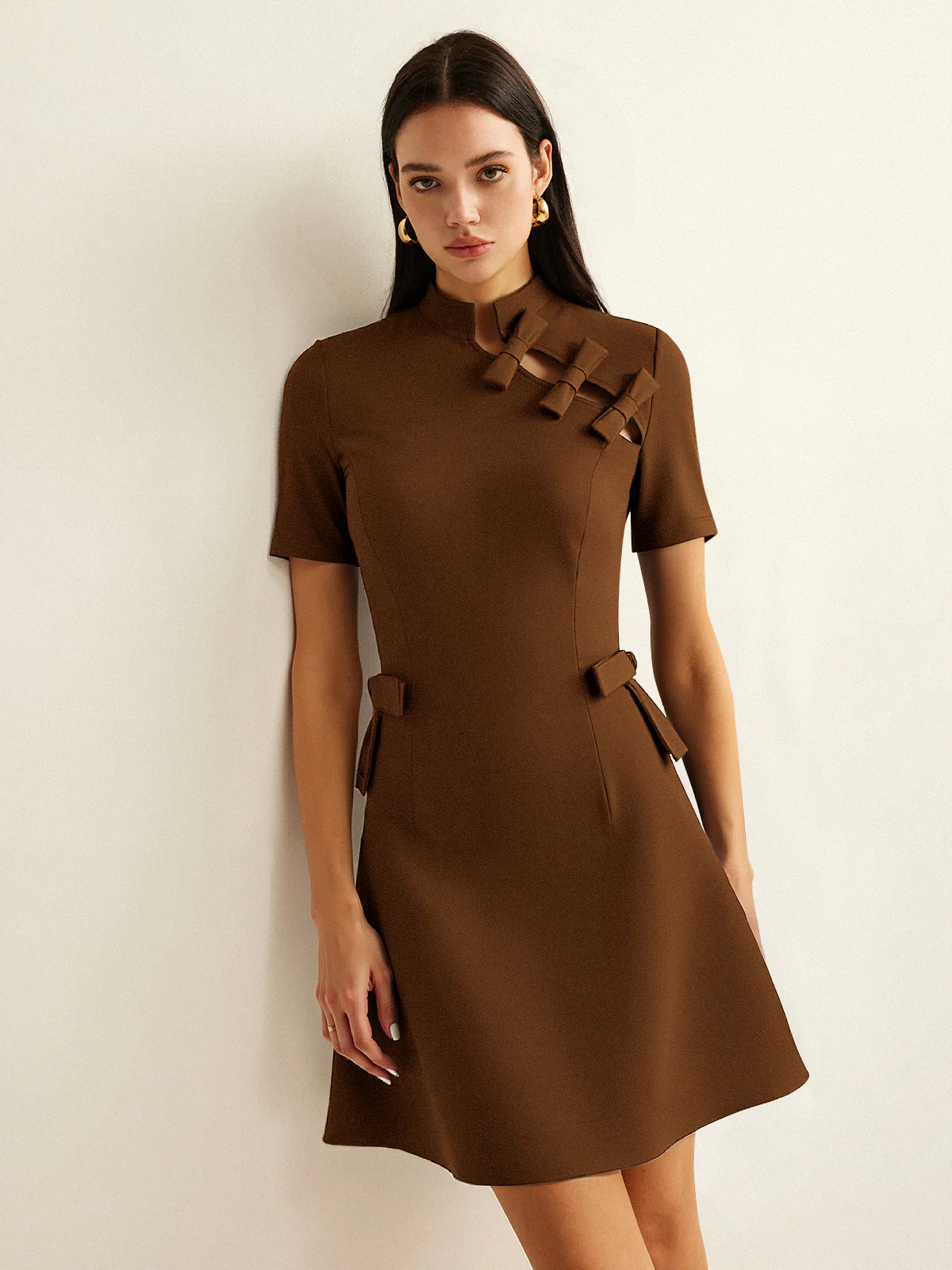 Bow Cut-Out Stand Collar Short Sleeve Dress - Wholesalesil