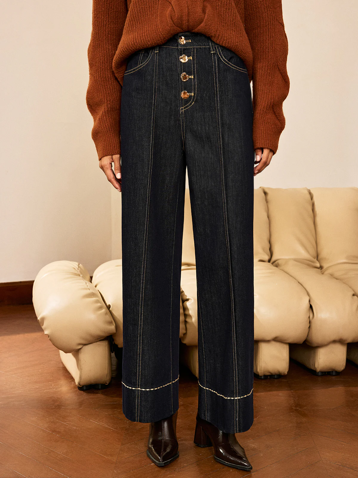 High-Waist Button Wide-Leg Denim Pants - Wholesalesil