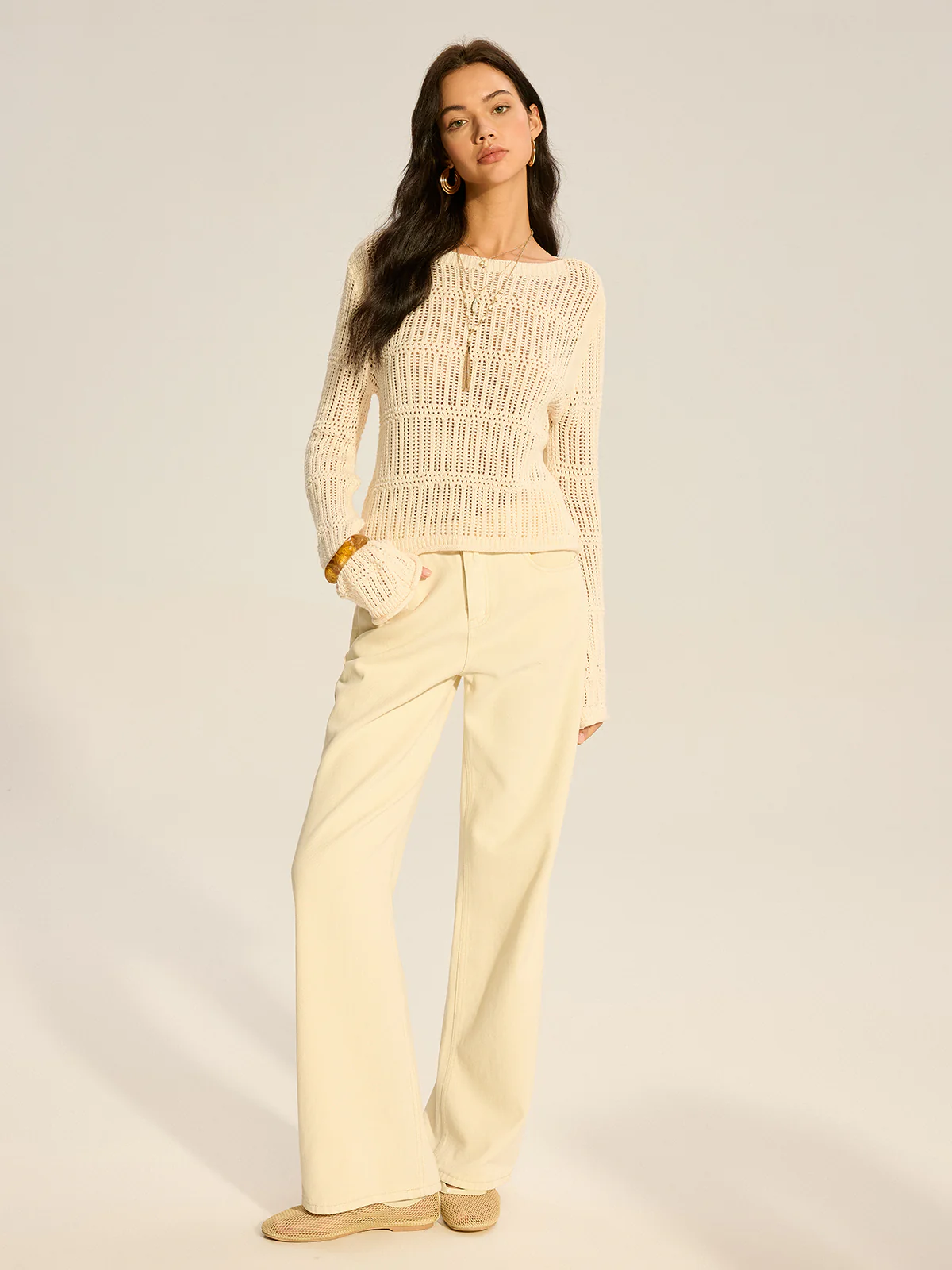 Mesh-Knit Long-Sleeve Sweater - Wholesalesil