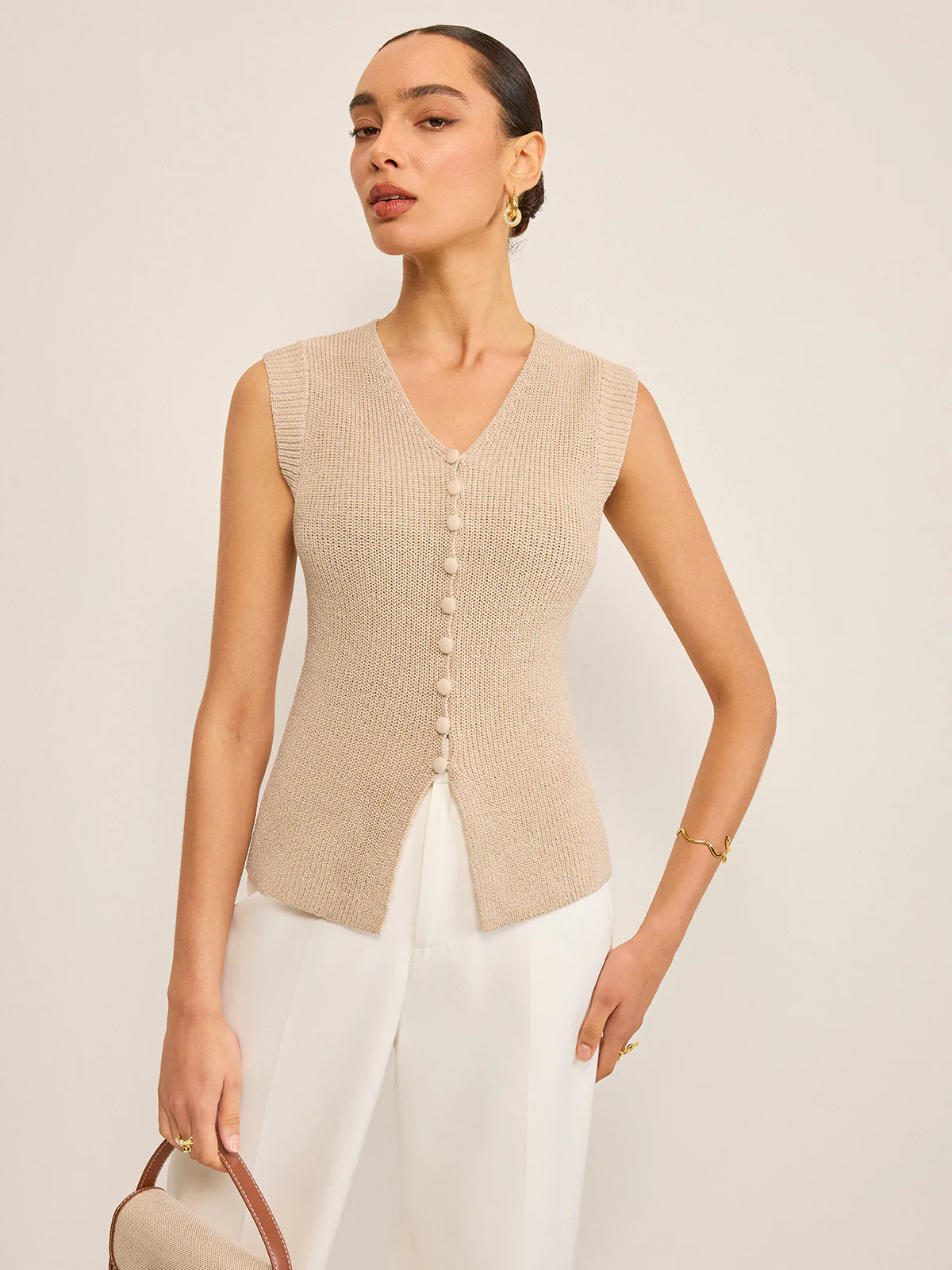 Knitted V-Neck Buttoned Vest - Wholesalesil