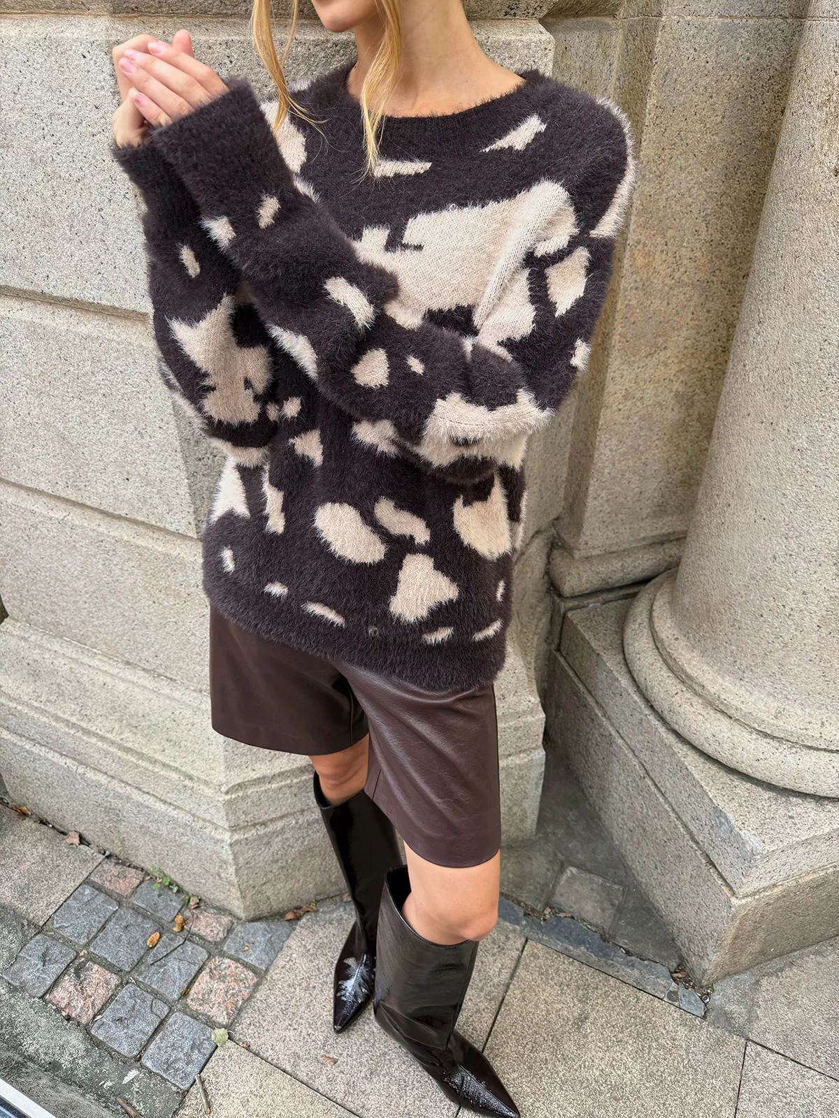 Cow Print Fuzzy Crew Neck Sweater - Wholesalesil
