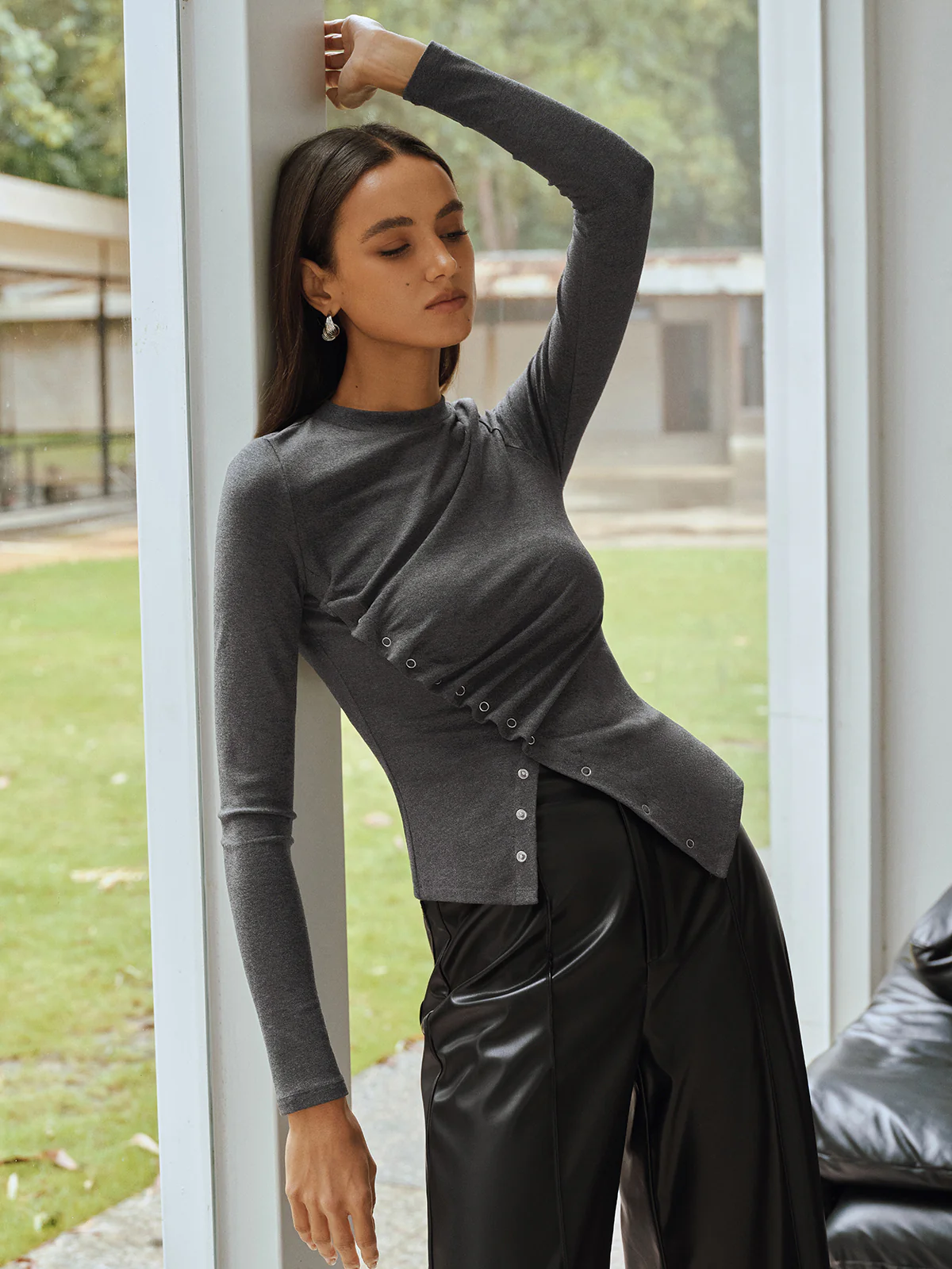 Asymmetric Ruched Long Sleeve Top - Wholesalesil