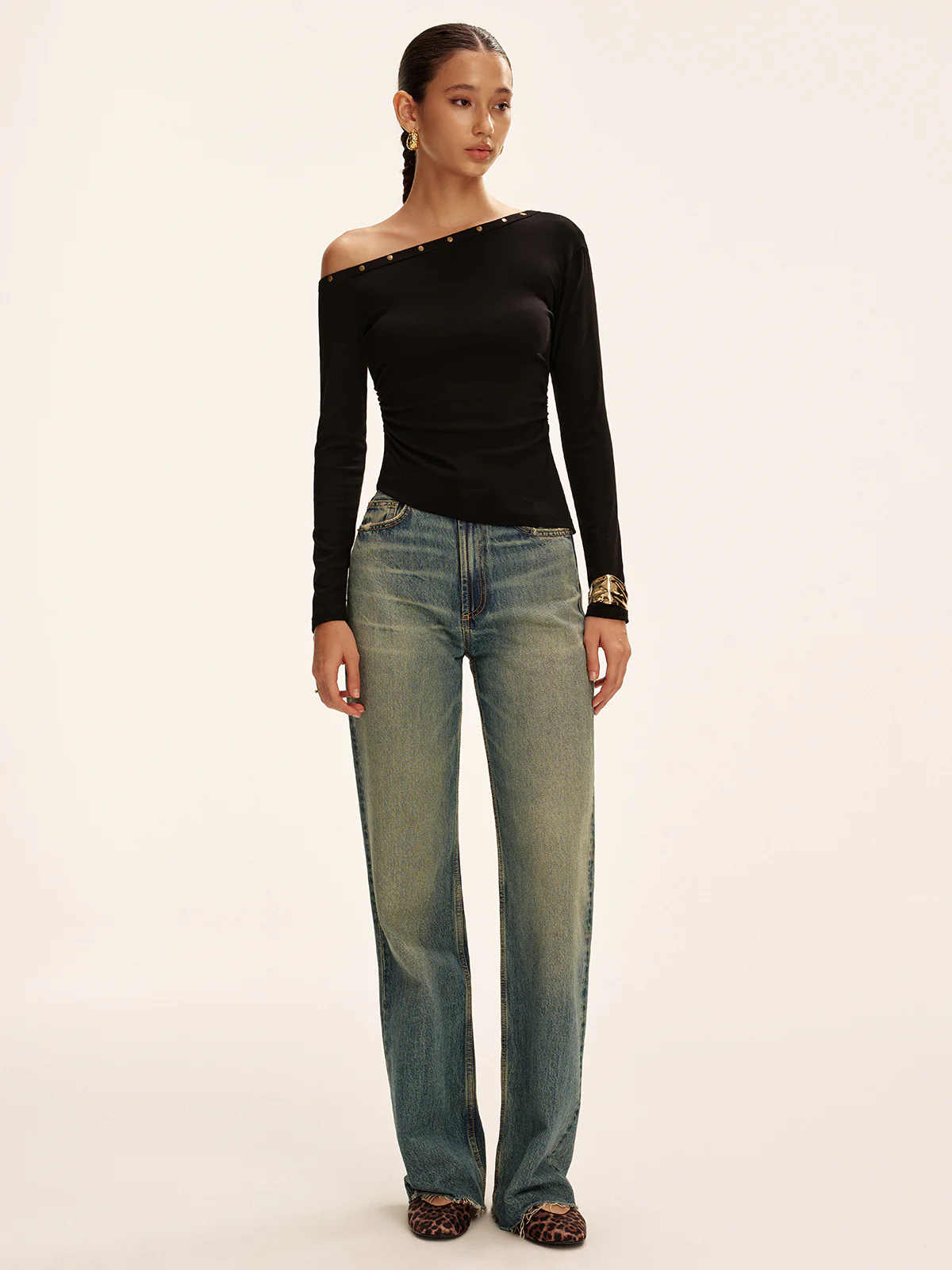 Studded Off Shoulder Long Sleeve T-Shirt - Wholesalesil