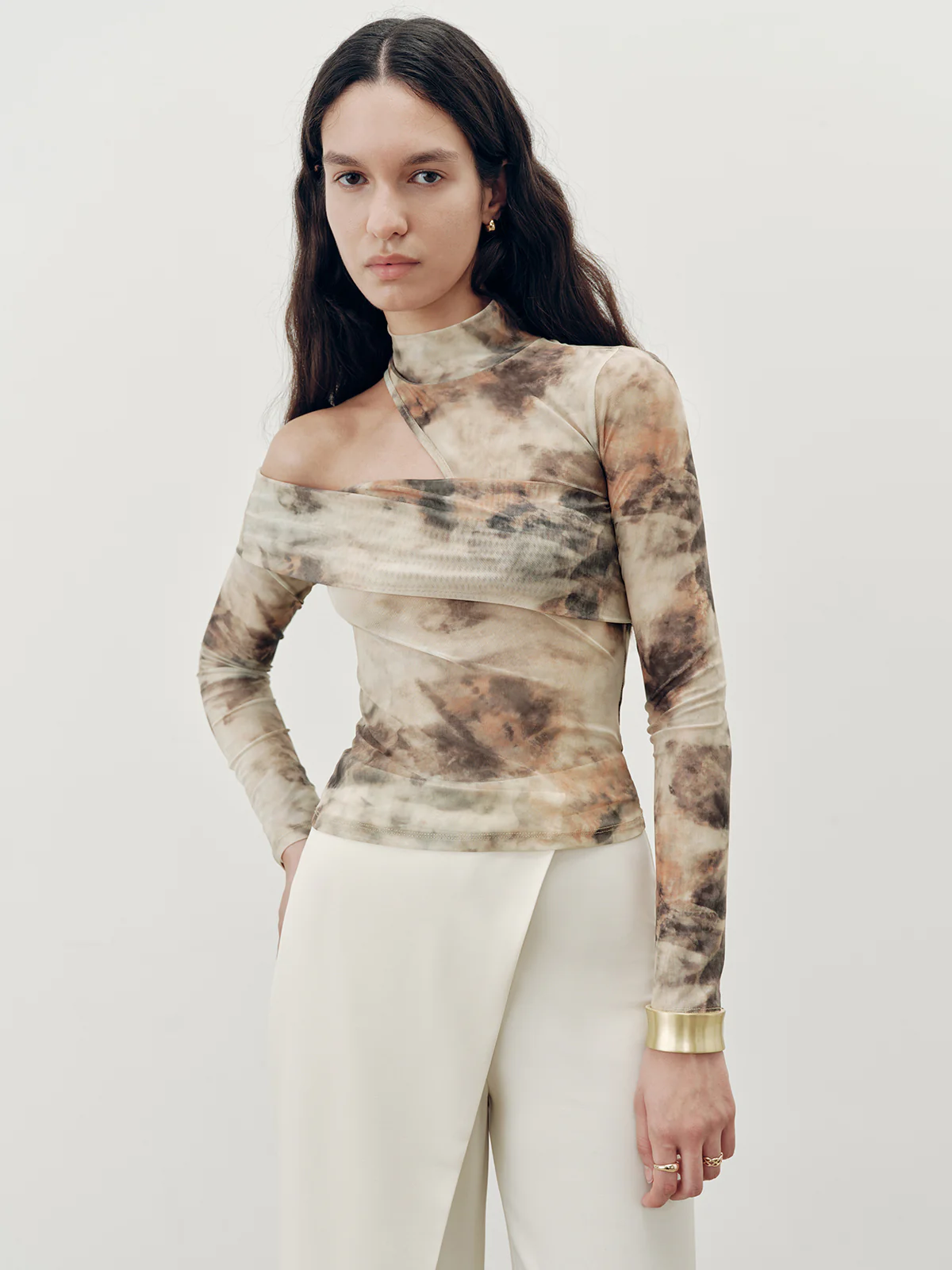 Tie-Dye Mesh One-Shoulder Long Sleeve Top - Wholesalesil