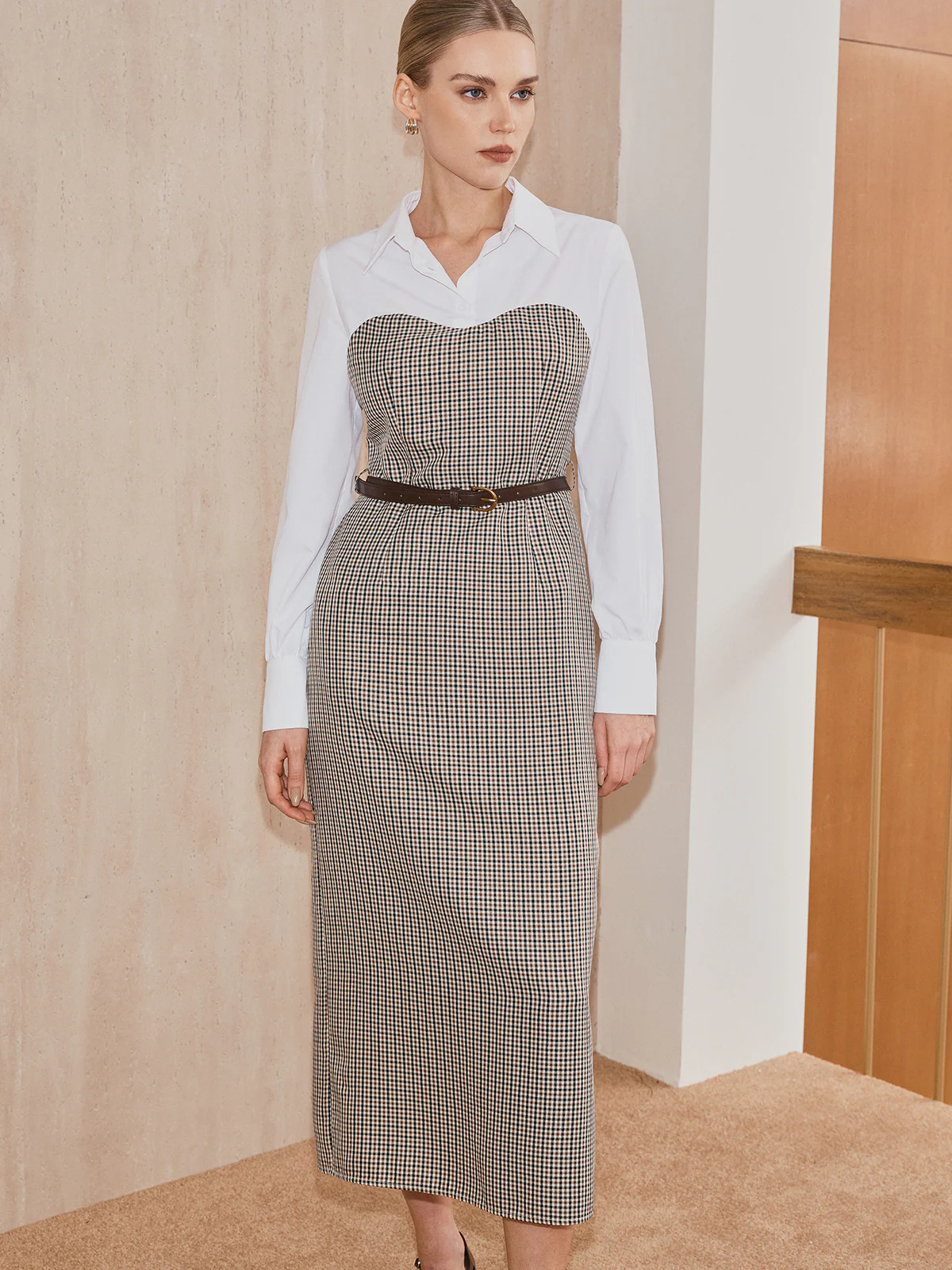 2 in 1 Shirt Plaid Panel Midi Dress with Belt - Wholesalesil