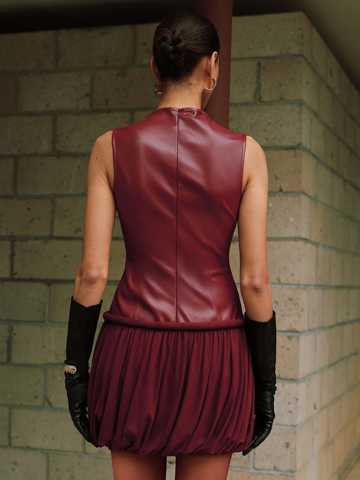 Faux Leather Mock Neck Bubble Mini Dress - Wholesalesil