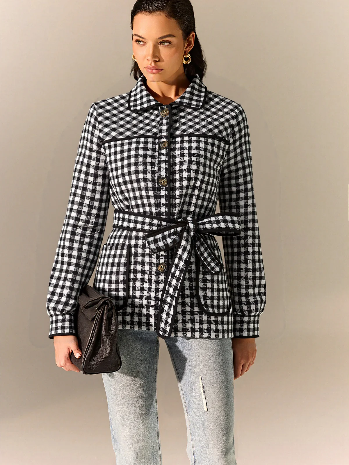 Belted Checkered Collared Jacket - Wholesalesil