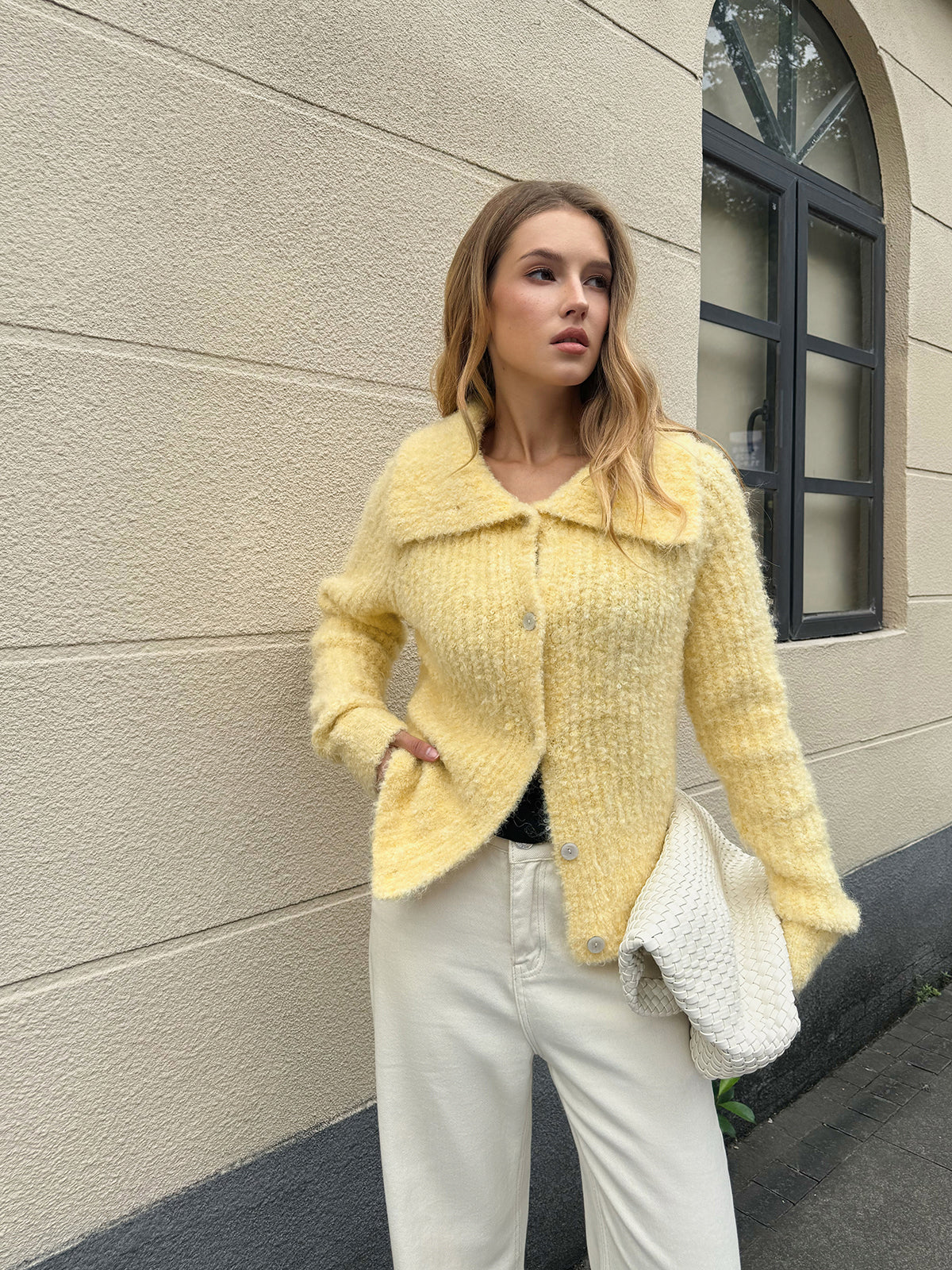 Wool Blend Collared Knit Cardigan - Wholesalesil