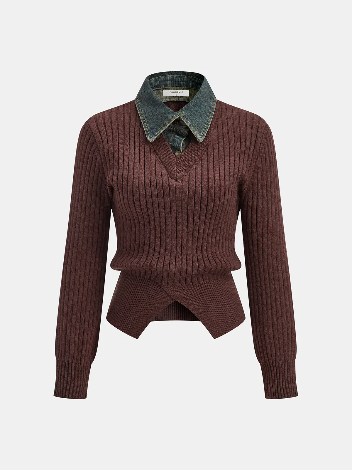 Denim Collar Ribbed Sweater - Wholesalesil