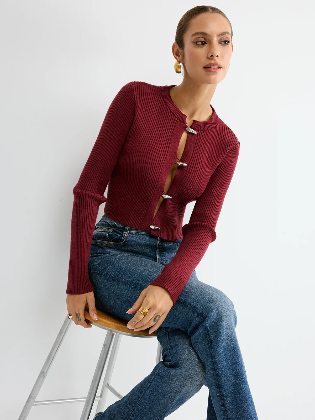 Metal Button Ribbed Fitted Sweater - Wholesalesil