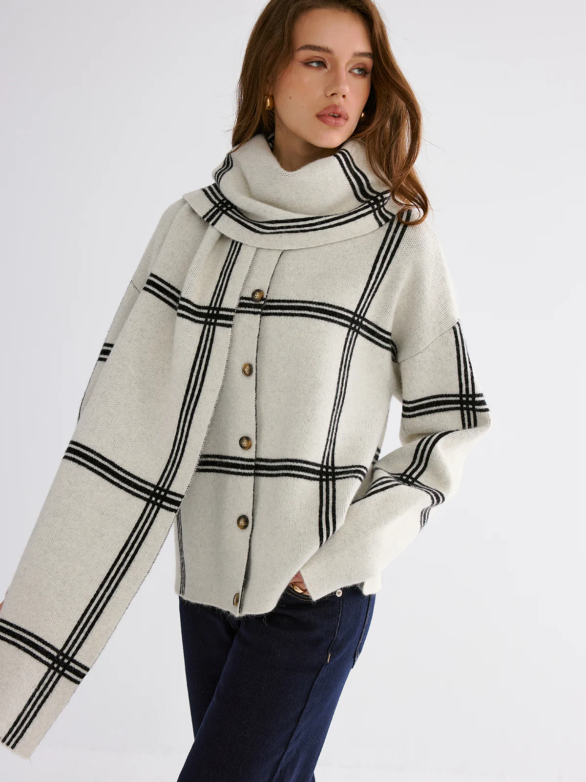 Wrap Scarf Check Print Cardigan - Wholesalesil