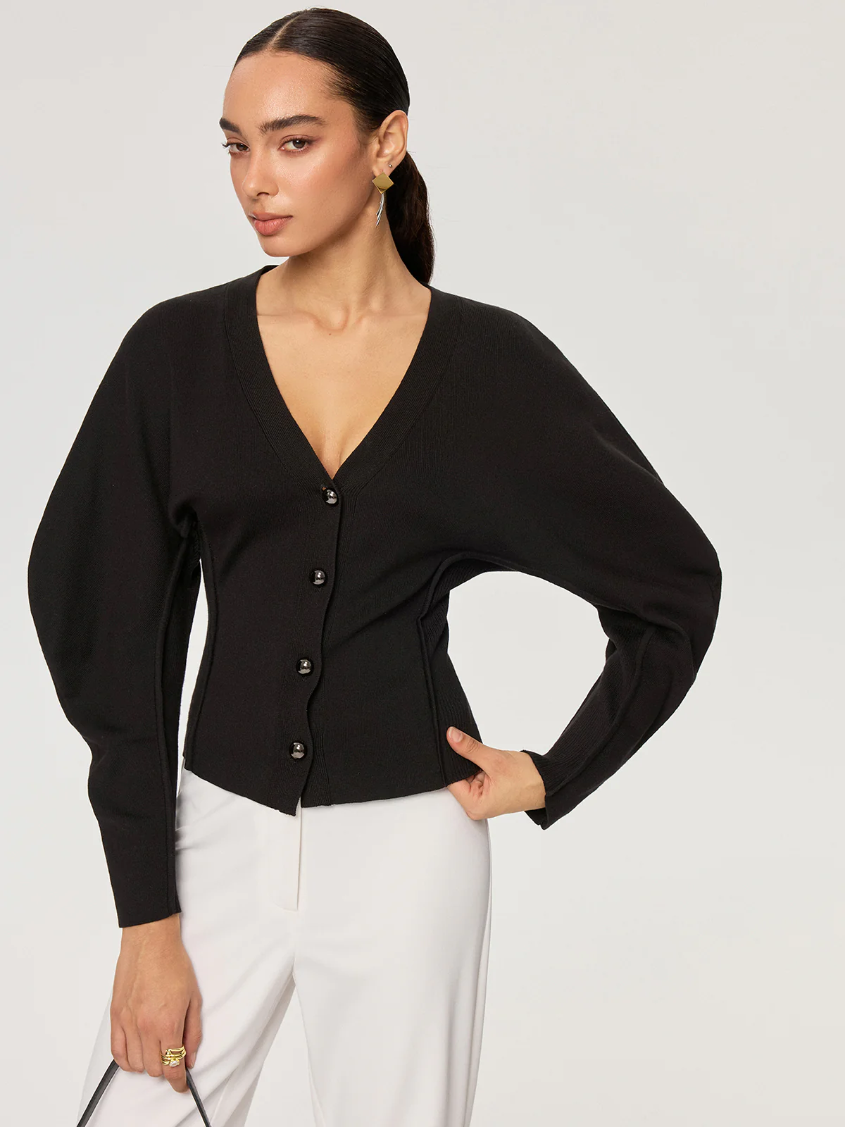 V-Neck Button-Front Puff Sleeve Cardigan - Wholesalesil
