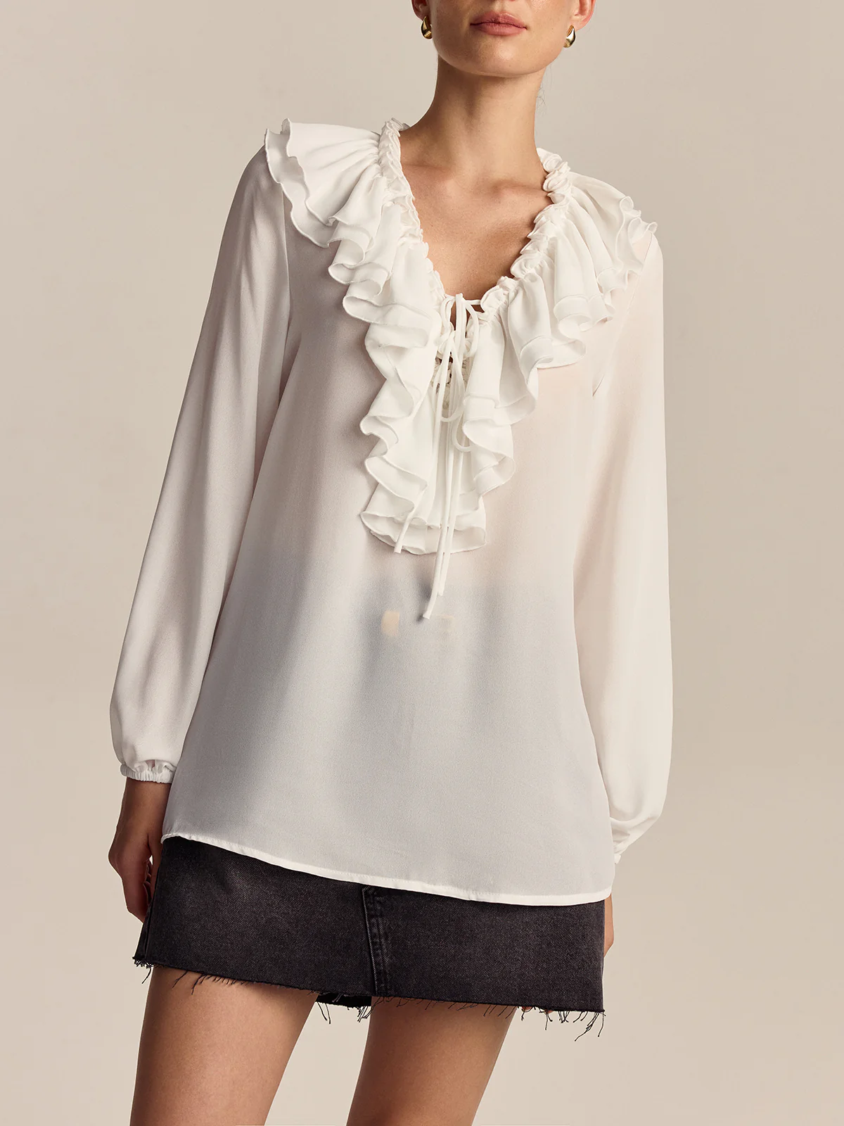 Ruffled V-Neck Chiffon Blouse - Wholesalesil