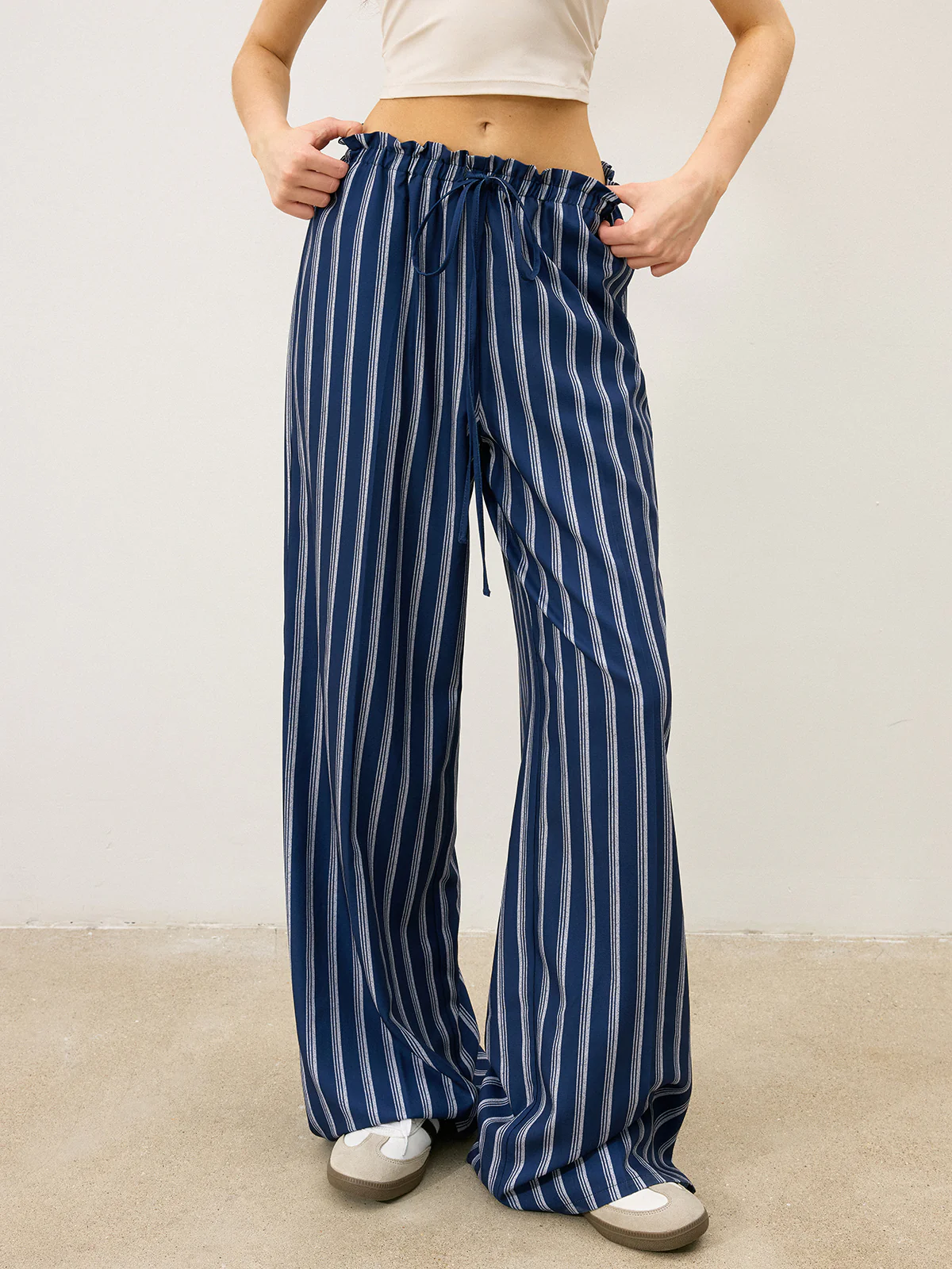 Striped Drawstring Wide-Leg Pants - Wholesalesil